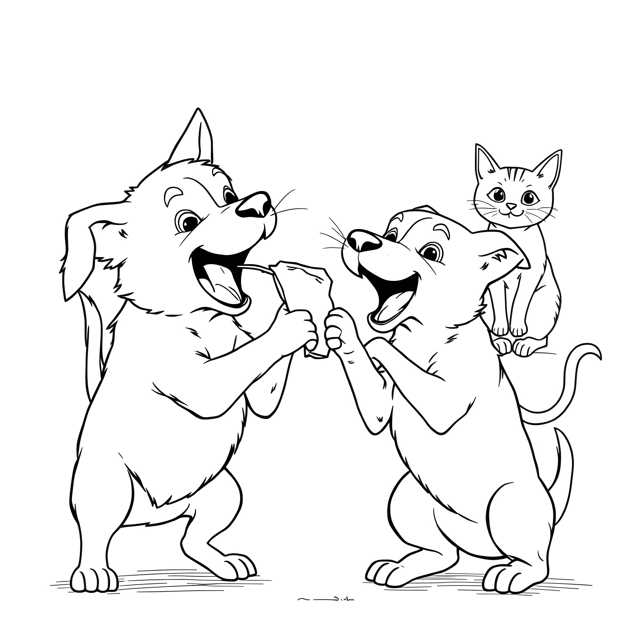 Dog and Cat Playmates Enjoying Each Other's Company Coloring Page (free black-and-white line drawing printable PDF for all, from beginners to advanced learners, including children, teens, adults, and seniors)