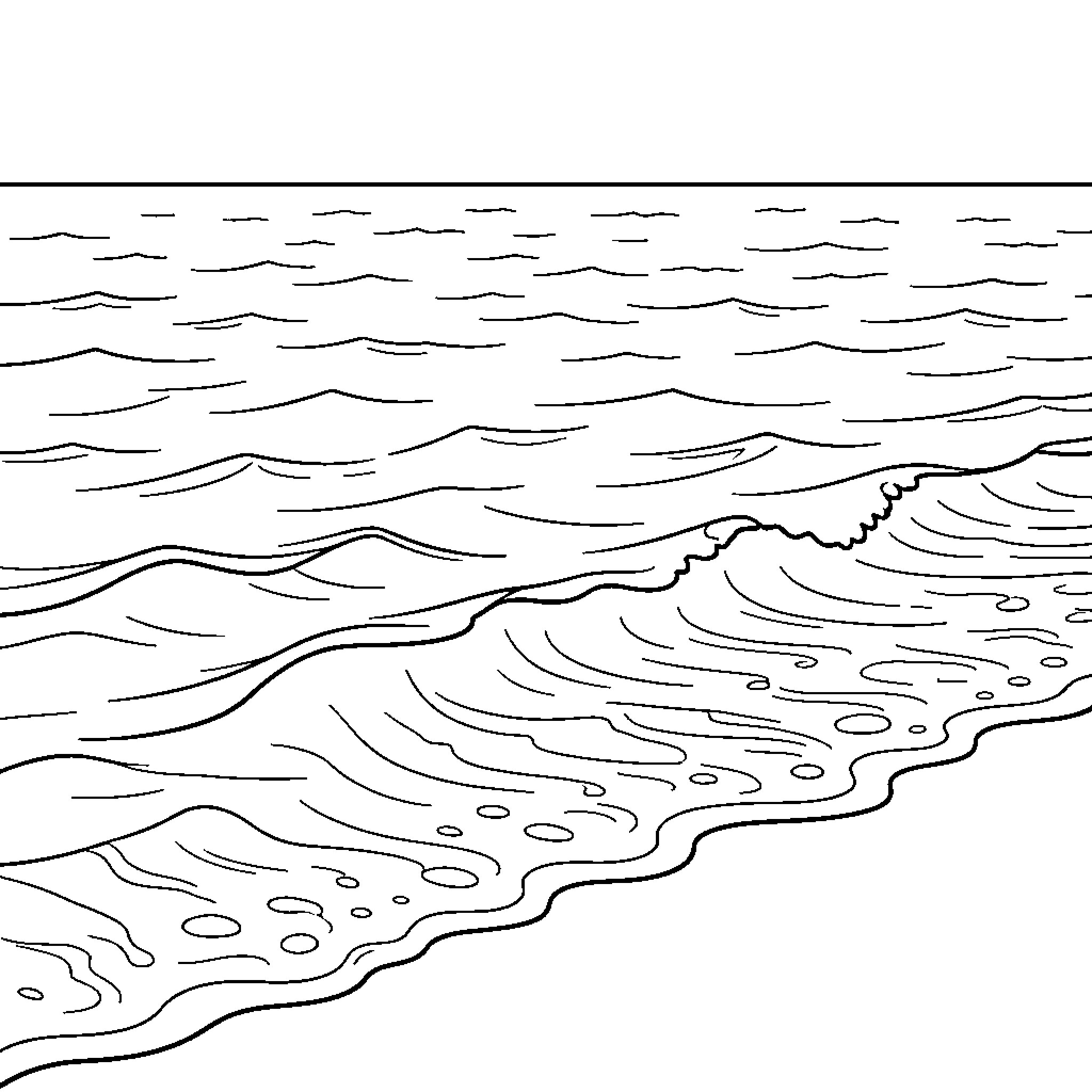 Sea waves gently rolling onto a sandy shore Coloring Page (free black-and-white line drawing printable PDF for all, from beginners to advanced learners, including children, teens, adults, and seniors)