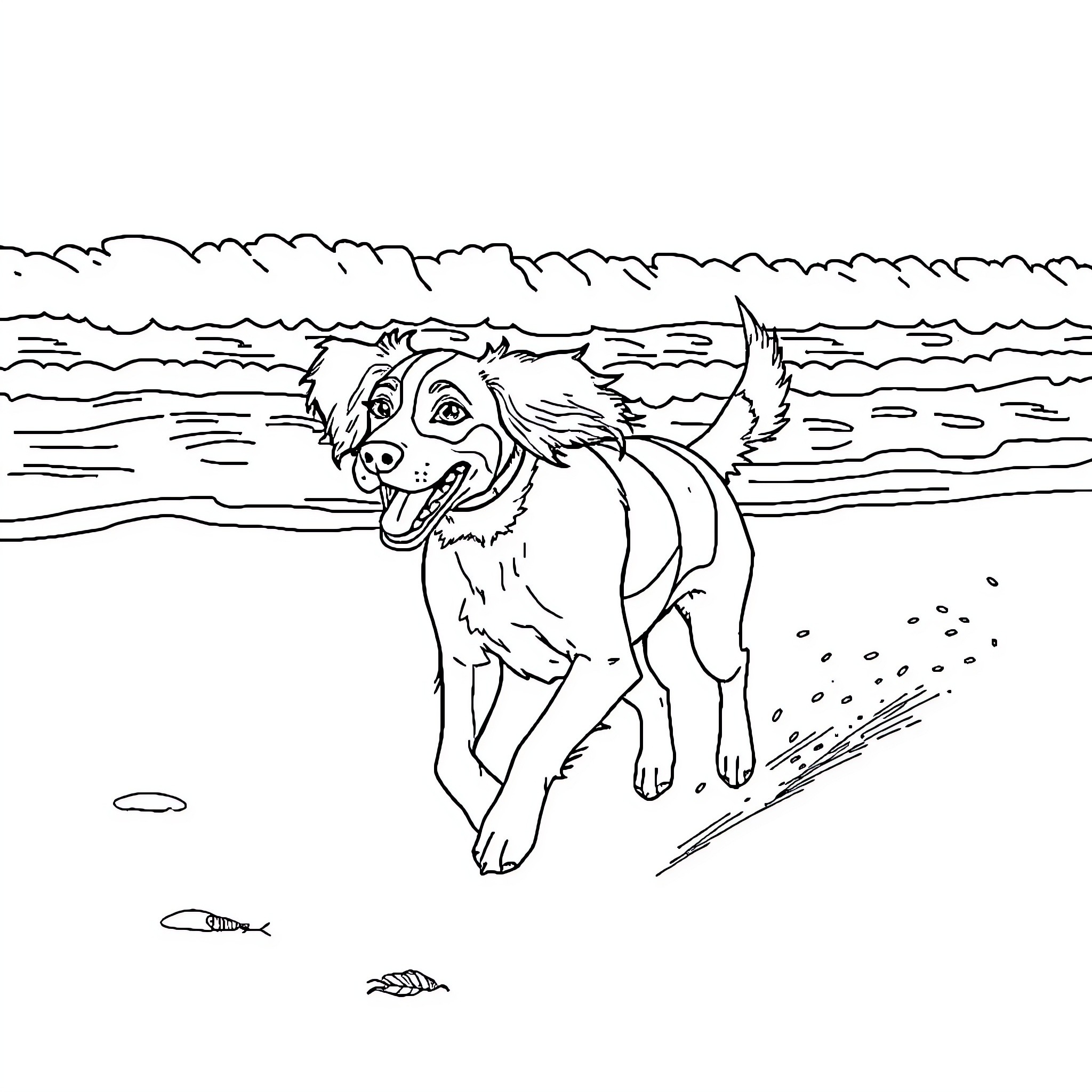 Brittany Spaniel happily playing on the beach Coloring Page (free black-and-white line drawing printable PDF for all, from beginners to advanced learners, including children, teens, adults, and seniors)