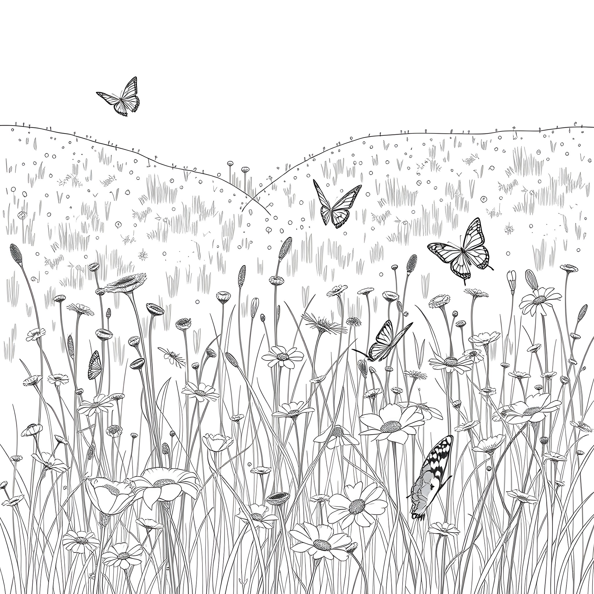 Butterflies dancing in a meadow of wildflowers Coloring Page (free black-and-white line drawing printable PDF for all, from beginners to advanced learners, including children, teens, adults, and seniors)