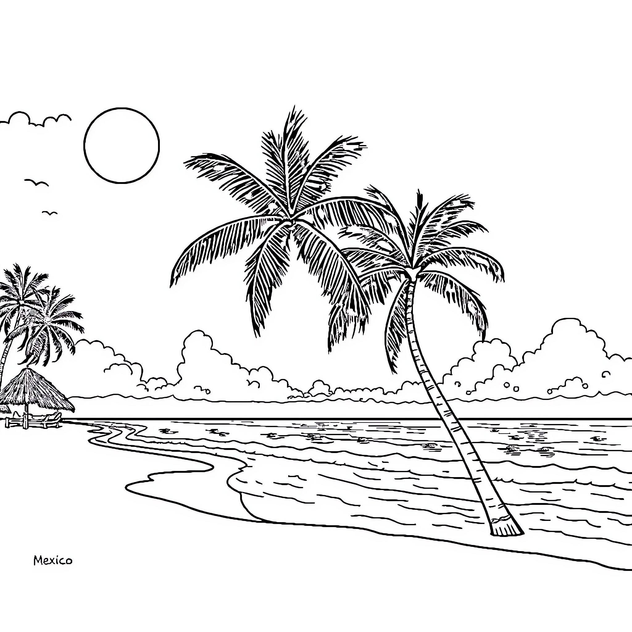 Palm trees swaying on a tropical beach Coloring Page (free black-and-white line drawing printable PDF for all, from beginners to advanced learners, including children, teens, adults, and seniors)