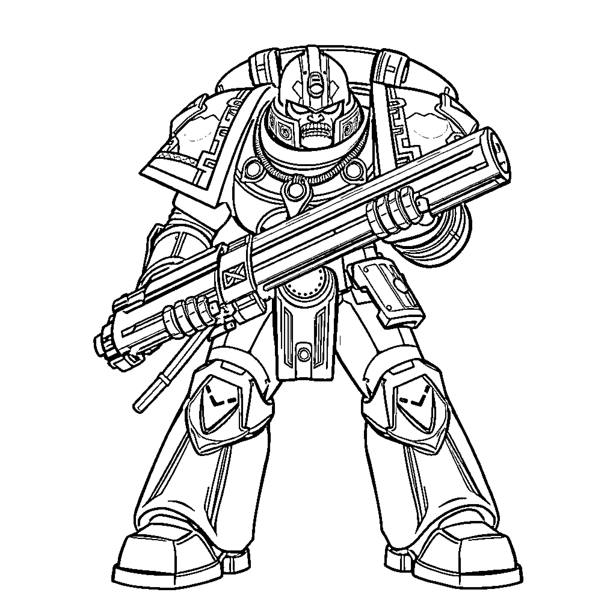 Space Marine Warrior with Powerful Weaponry Coloring Page (free black-and-white line drawing printable PDF for all, from beginners to advanced learners, including children, teens, adults, and seniors)