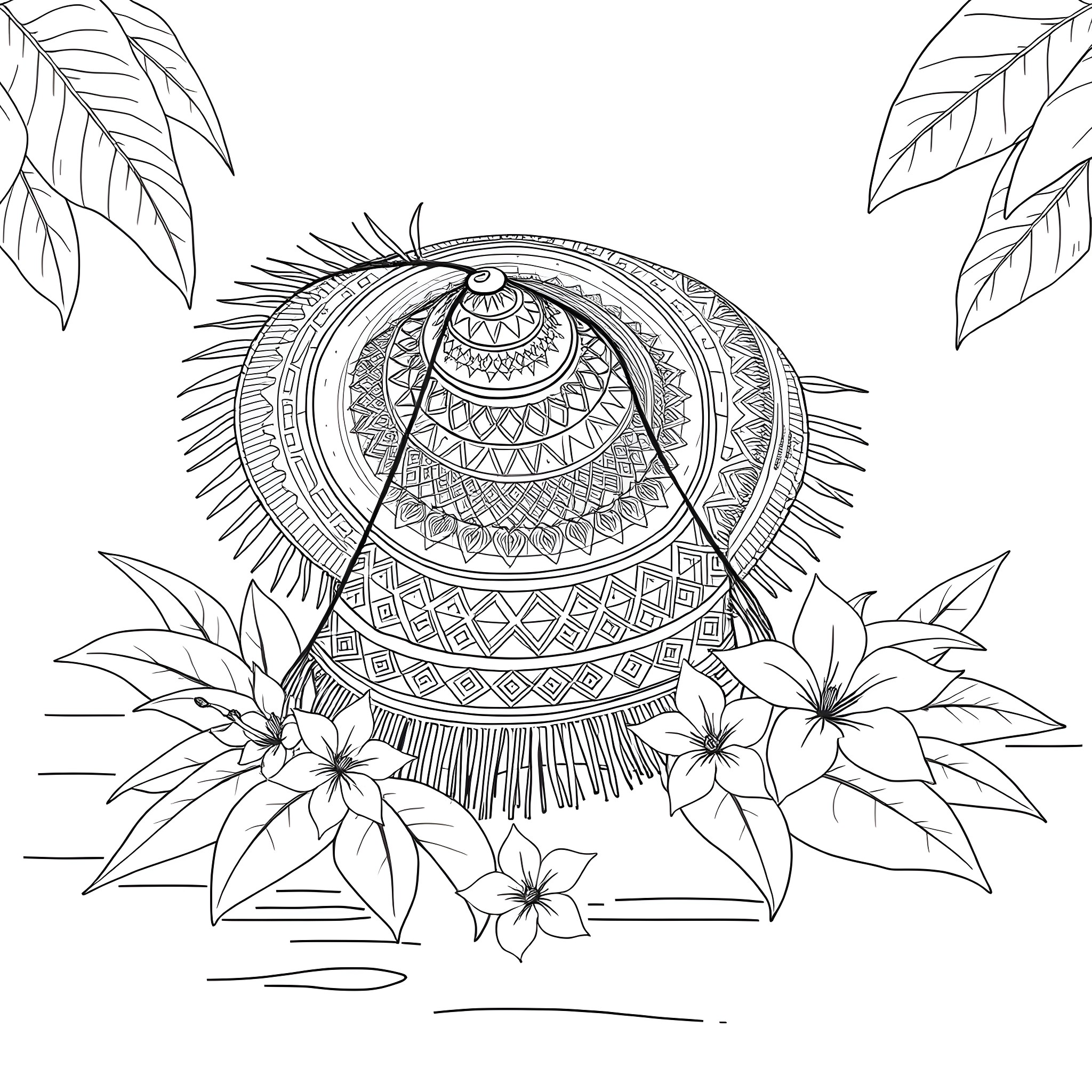 Hat with Ornate Patterns and Flowers Coloring Page (free black-and-white line drawing printable PDF for all, from beginners to advanced learners, including children, teens, adults, and seniors)
