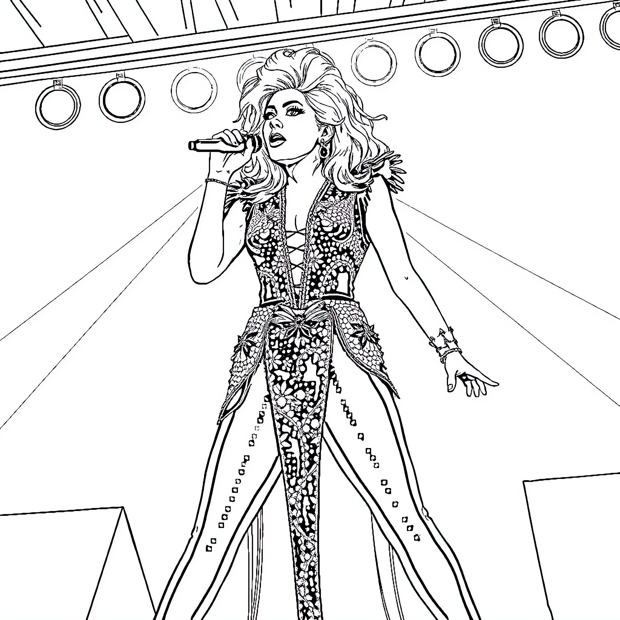 Lady Gaga Performing Onstage in Flashy Outfit Coloring Page (free black-and-white line drawing printable PDF for all, from beginners to advanced learners, including children, teens, adults, and seniors)