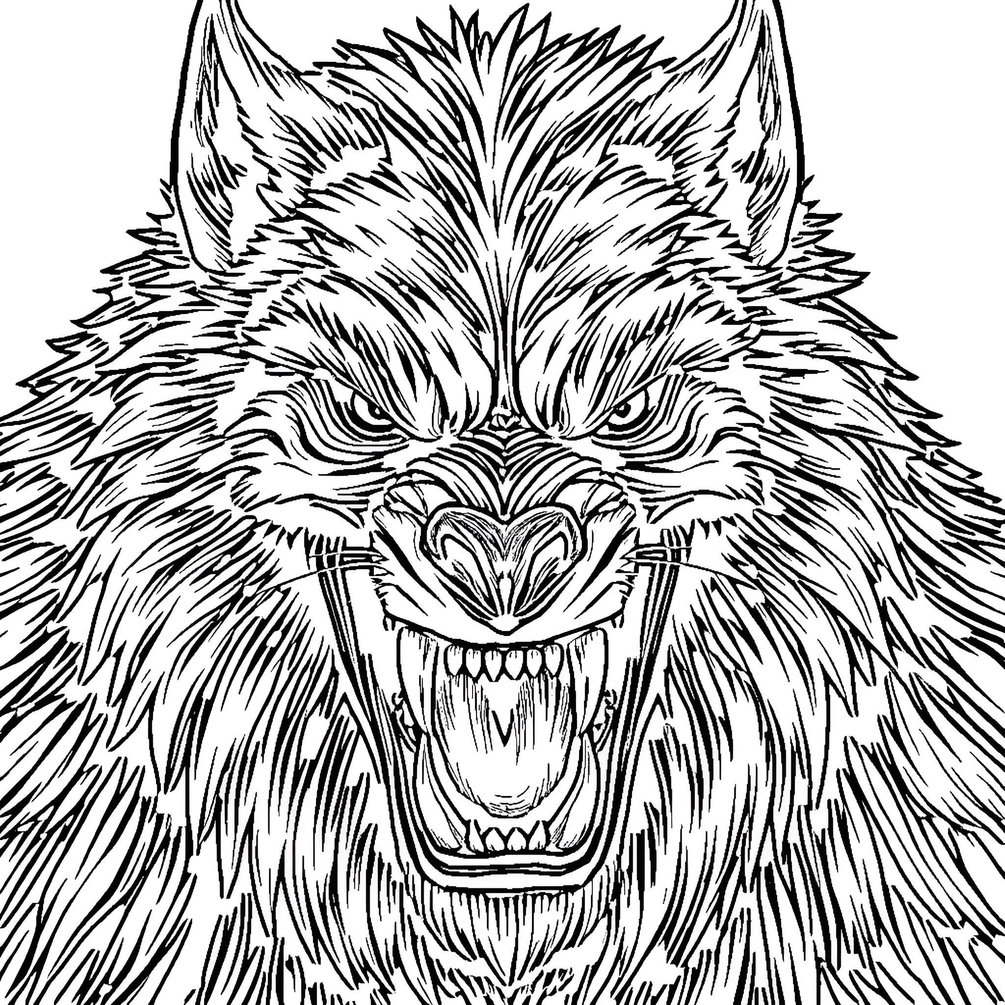 Werewolf with Intense Snarling Expression Coloring Page (free black-and-white line drawing printable PDF for all, from beginners to advanced learners, including children, teens, adults, and seniors)