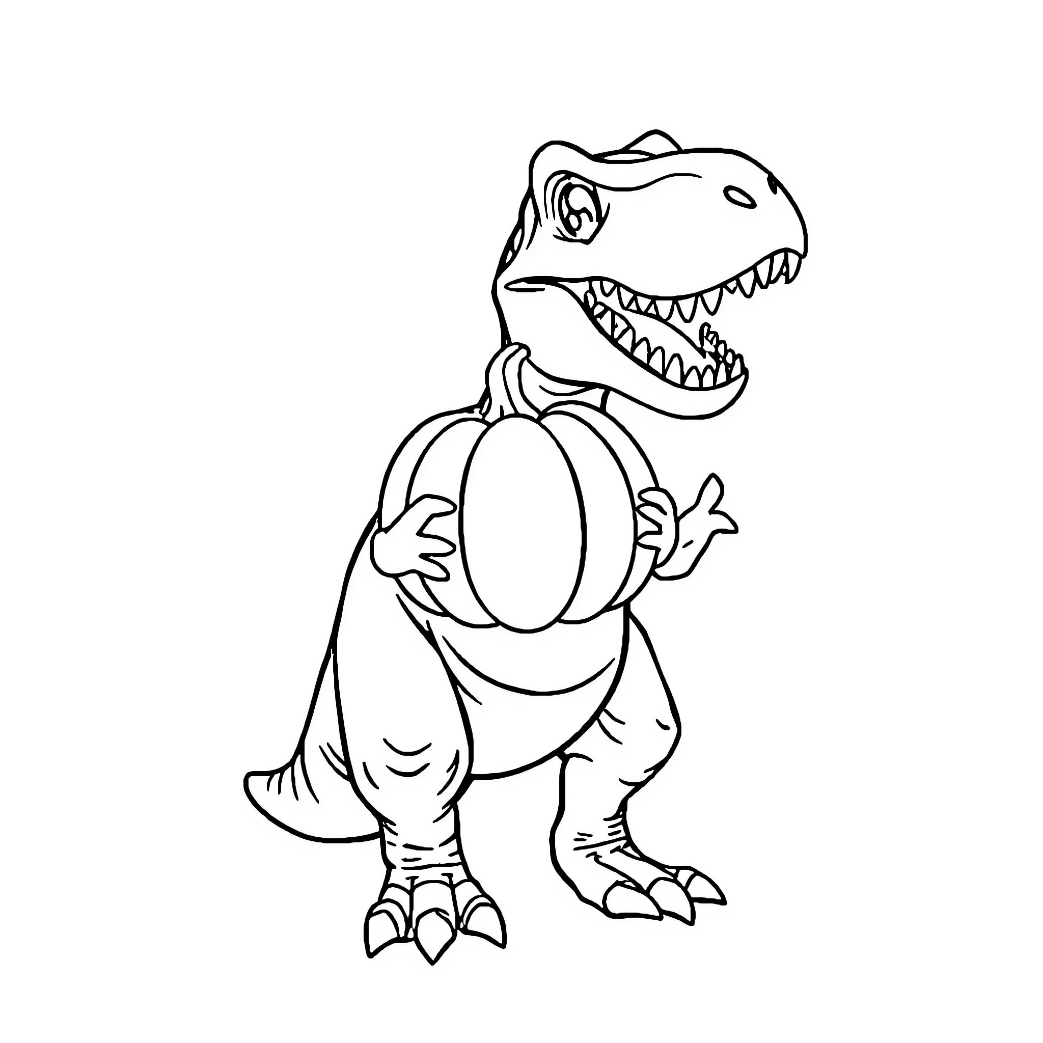 T-Rex holding basketball playfully Coloring Page (free black-and-white line drawing printable PDF for all, from beginners to advanced learners, including children, teens, adults, and seniors)