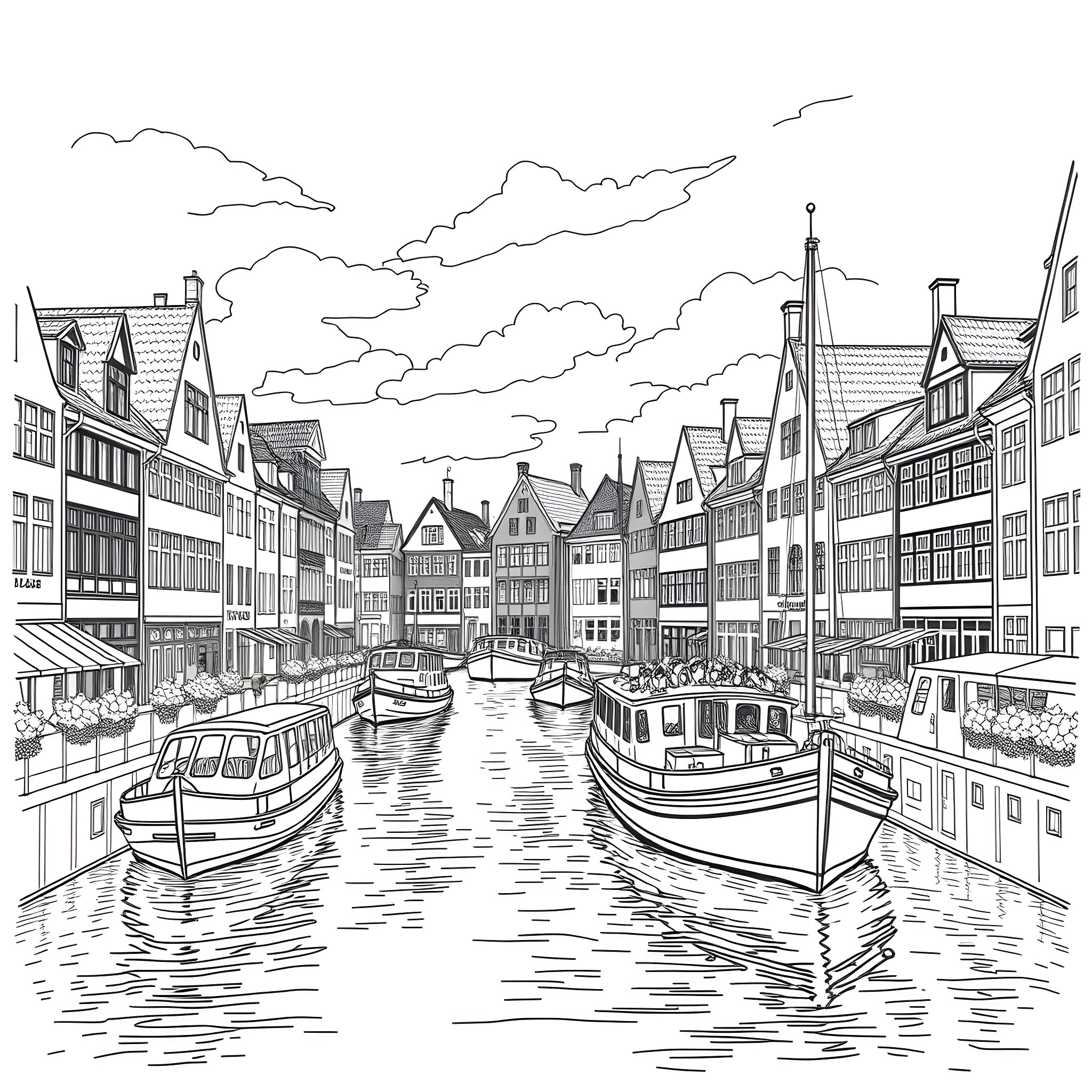 Tourist Ship on the Waterways of a Historic Town Coloring Page (free black-and-white line drawing printable PDF for all, from beginners to advanced learners, including children, teens, adults, and seniors)