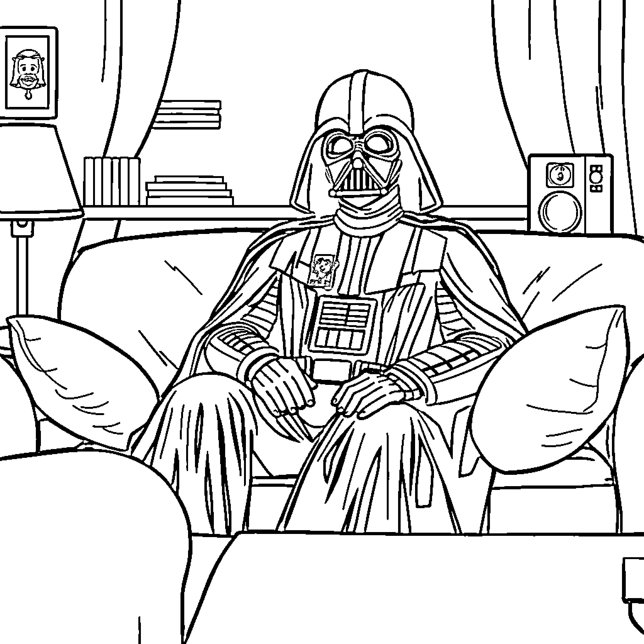 Darth Vader sitting contemplatively in his chambers Coloring Page (free black-and-white line drawing printable PDF for all, from beginners to advanced learners, including children, teens, adults, and seniors)