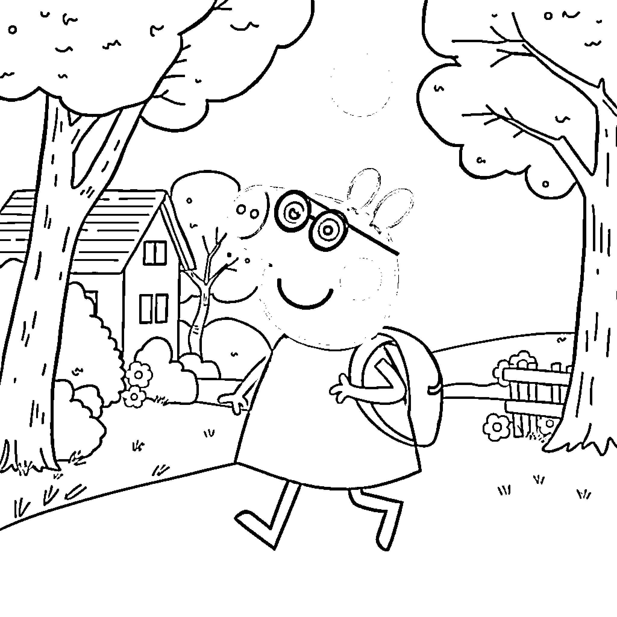 Peppa Pig playing in the countryside Coloring Page (free black-and-white line drawing printable PDF for all, from beginners to advanced learners, including children, teens, adults, and seniors)