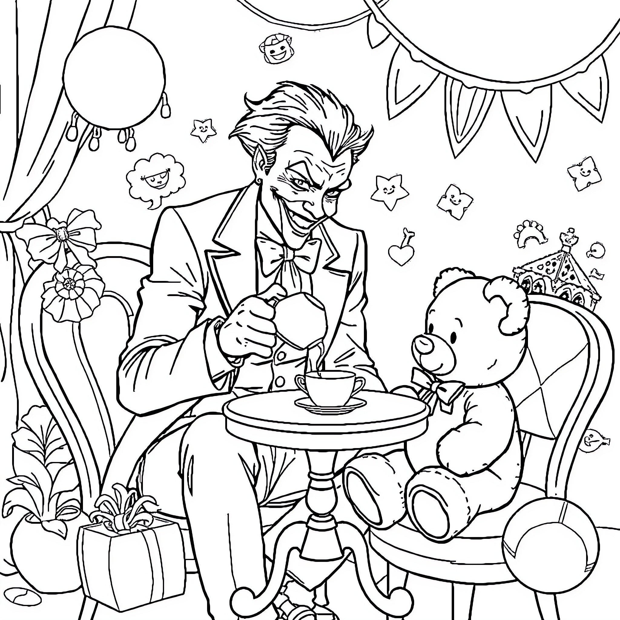 Joker enjoys a tea party with a stuffed bear Coloring Page (free black-and-white line drawing printable PDF for all, from beginners to advanced learners, including children, teens, adults, and seniors)