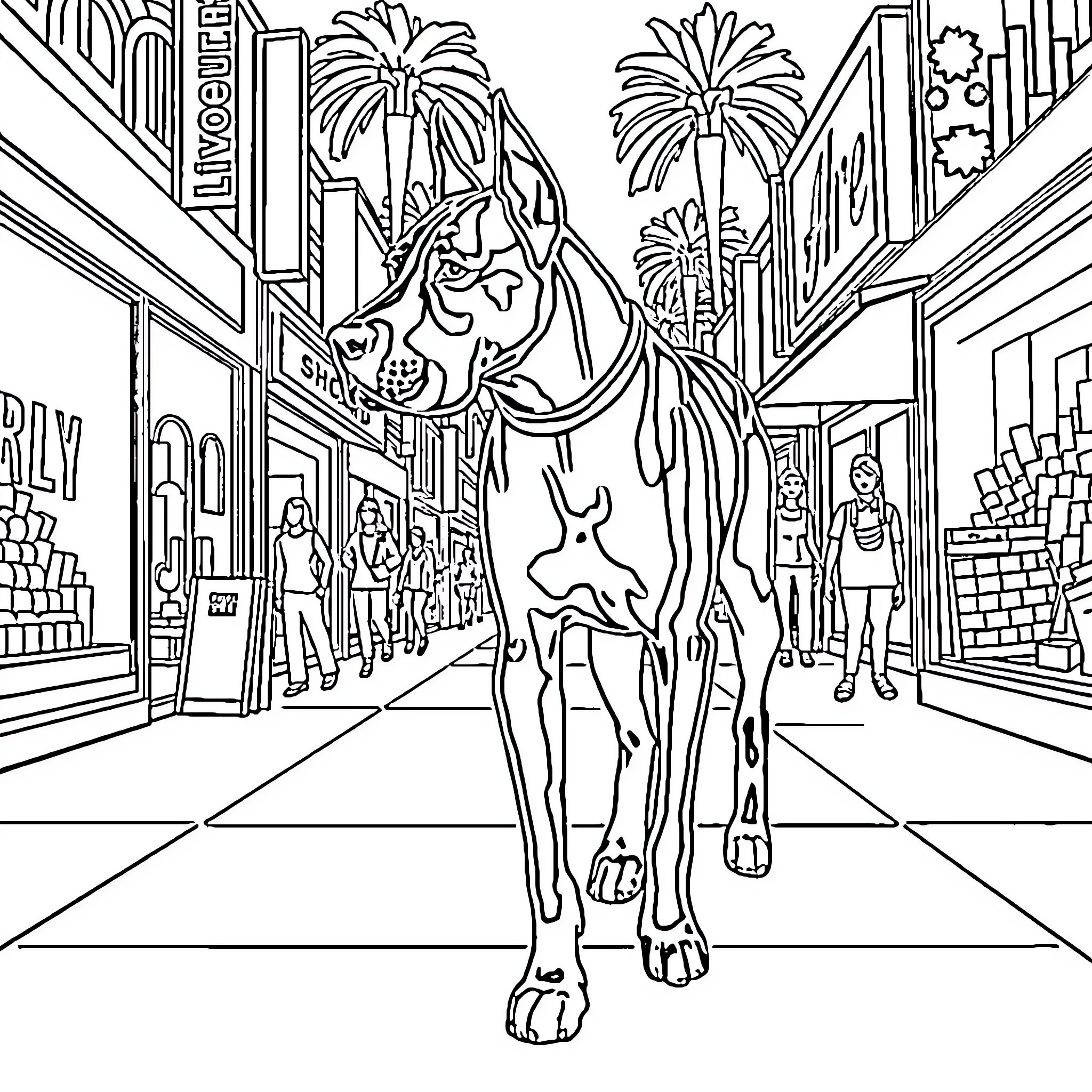 Great Dane exploring the bustling city street Coloring Page (free black-and-white line drawing printable PDF for all, from beginners to advanced learners, including children, teens, adults, and seniors)