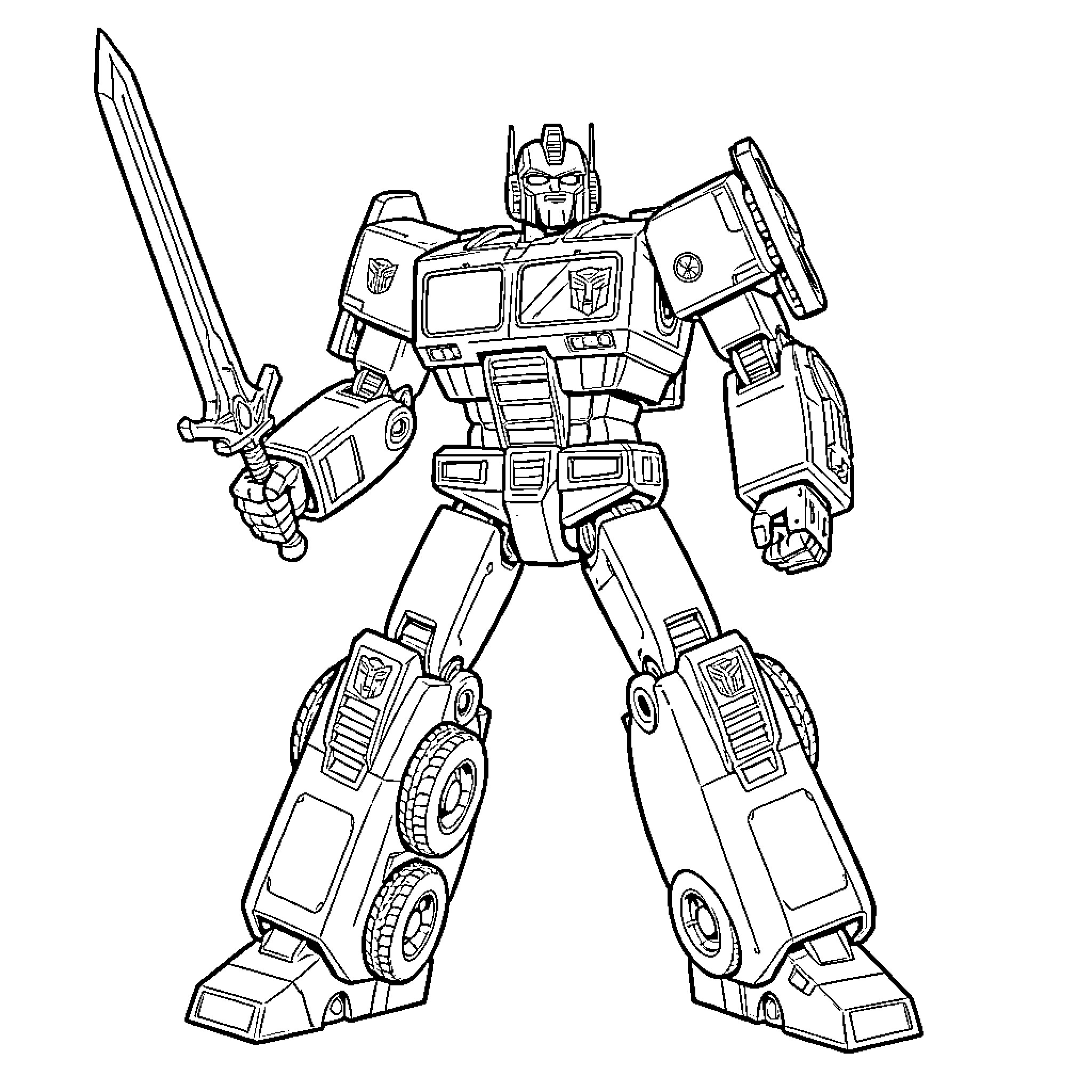 Optimus Prime wielding a large sword in a battle stance Coloring Page (free black-and-white line drawing printable PDF for all, from beginners to advanced learners, including children, teens, adults, and seniors)