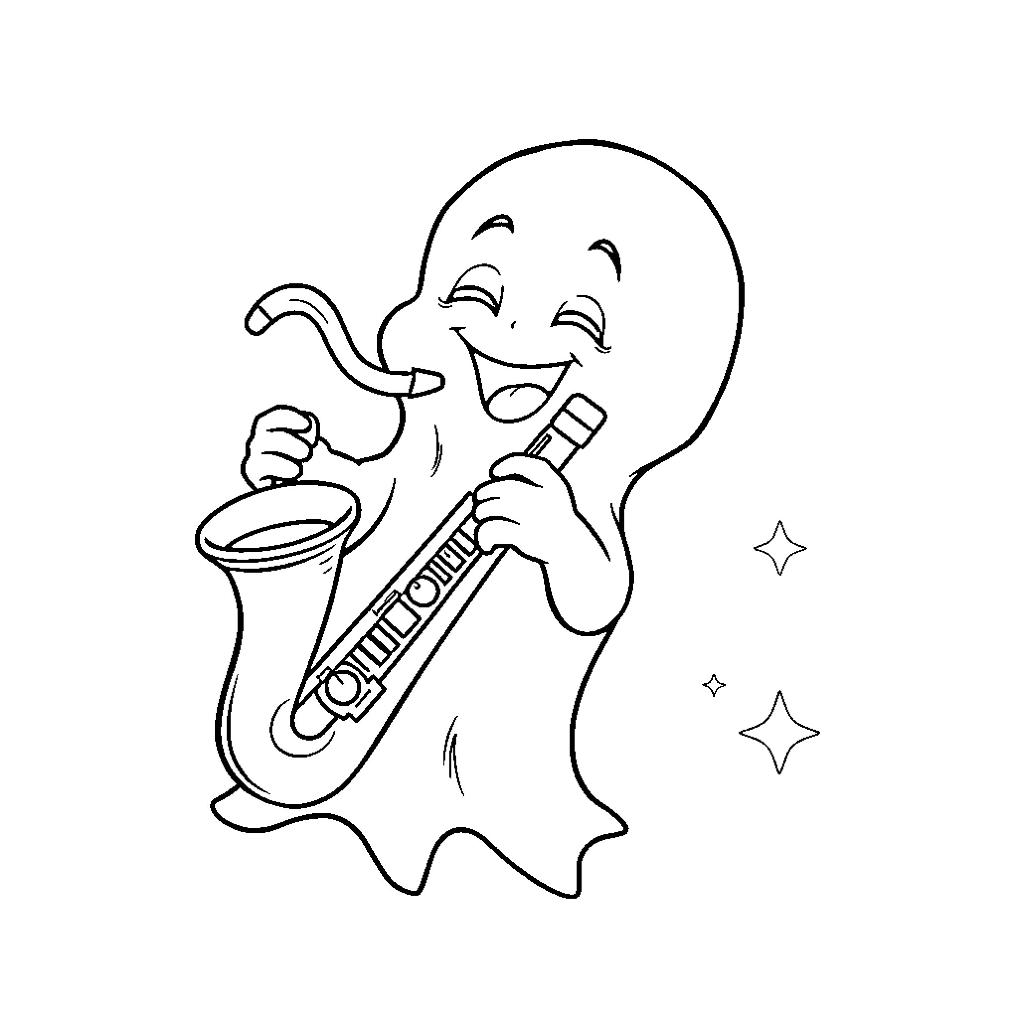 Ghost cheerfully playing saxophone Coloring Page (free black-and-white line drawing printable PDF for all, from beginners to advanced learners, including children, teens, adults, and seniors)