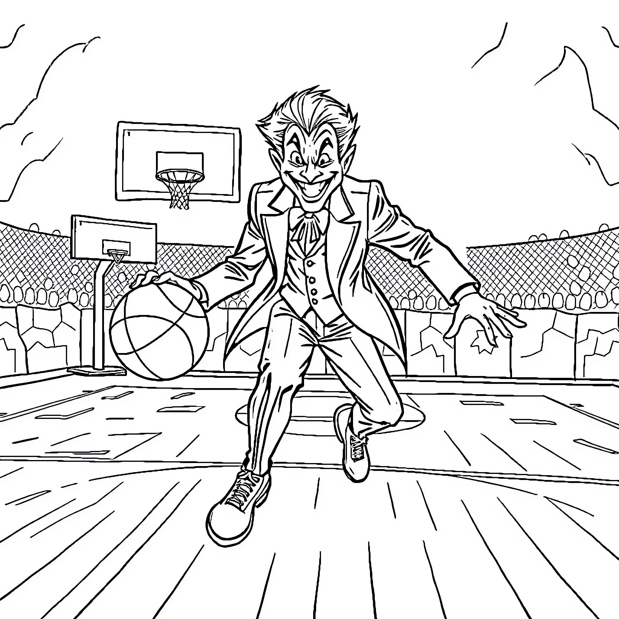 Joker Dribbling Basketball Joyfully on Court Coloring Page (free black-and-white line drawing printable PDF for all, from beginners to advanced learners, including children, teens, adults, and seniors)