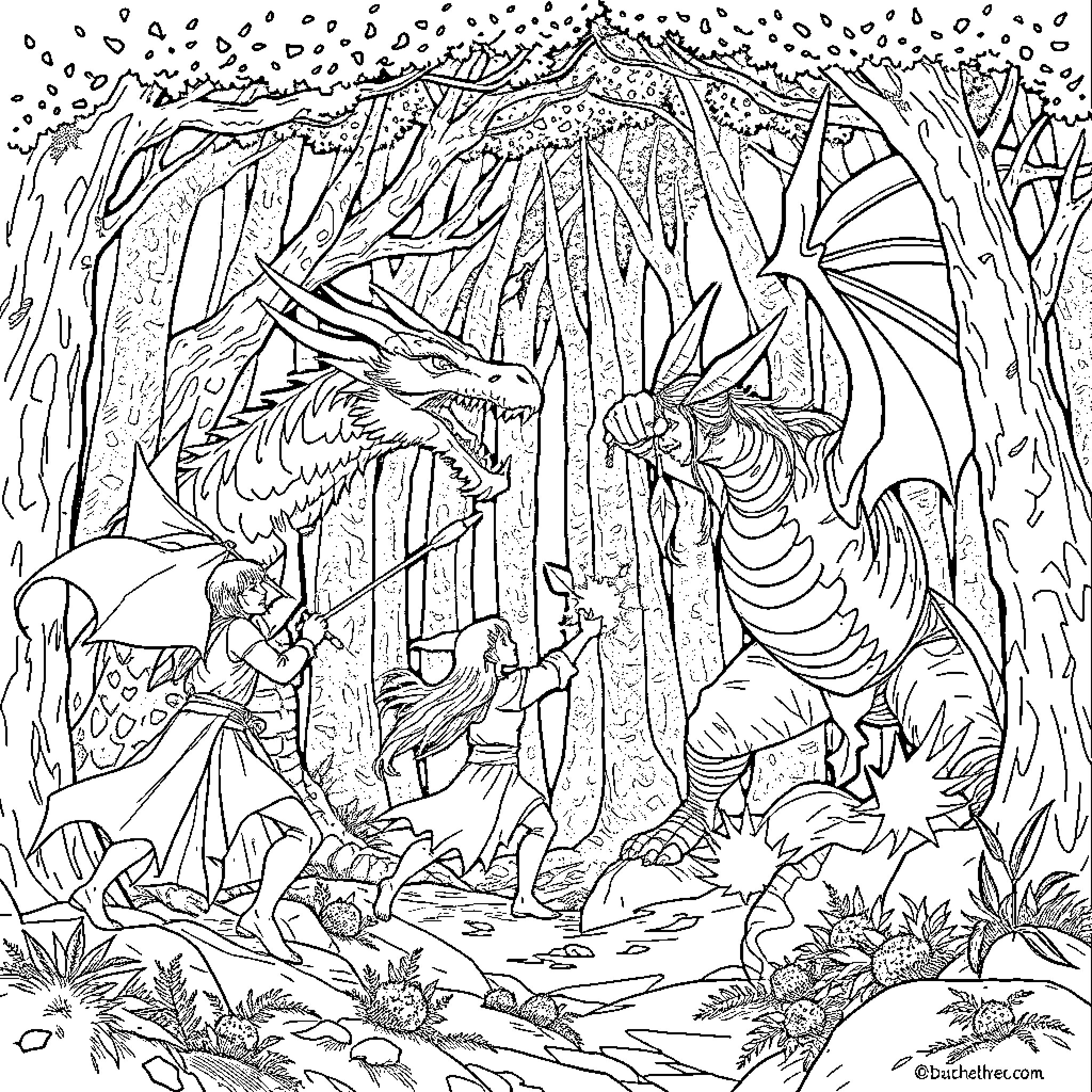 Elf confronting a mighty dragon in a fantastical forest Coloring Page (free black-and-white line drawing printable PDF for all, from beginners to advanced learners, including children, teens, adults, and seniors)