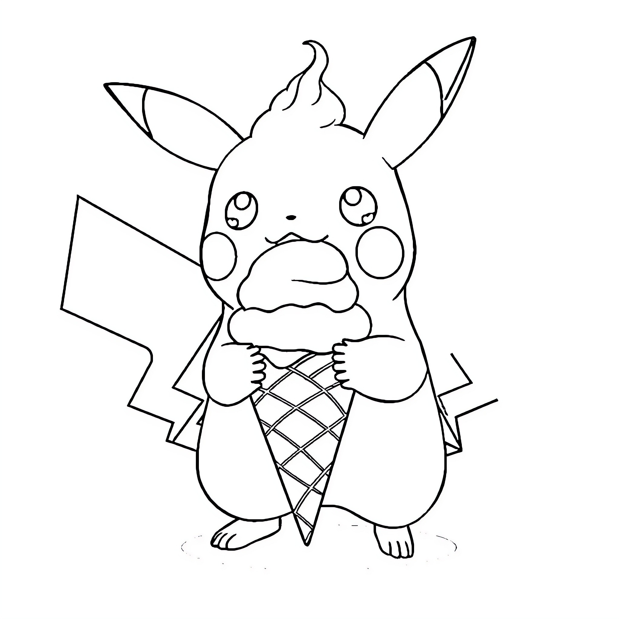 Pikachu enjoying a delicious ice cream Coloring Page (free black-and-white line drawing printable PDF for all, from beginners to advanced learners, including children, teens, adults, and seniors)