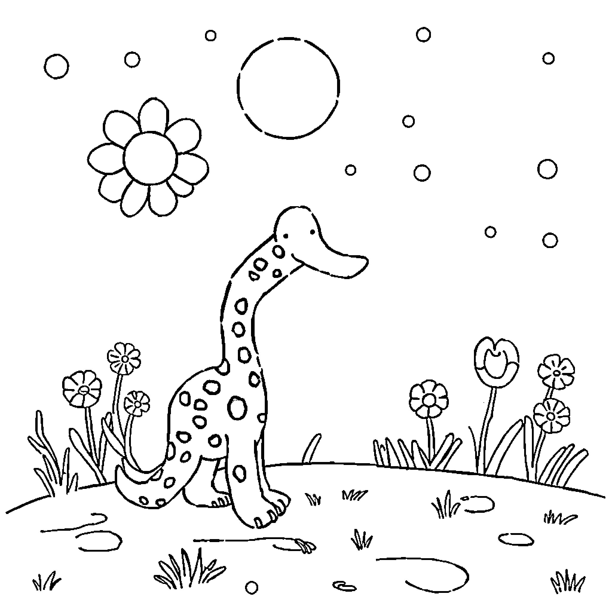 Kids' Playful Creature in Flowery Meadow Coloring Page (free black-and-white line drawing printable PDF for all, from beginners to advanced learners, including children, teens, adults, and seniors)