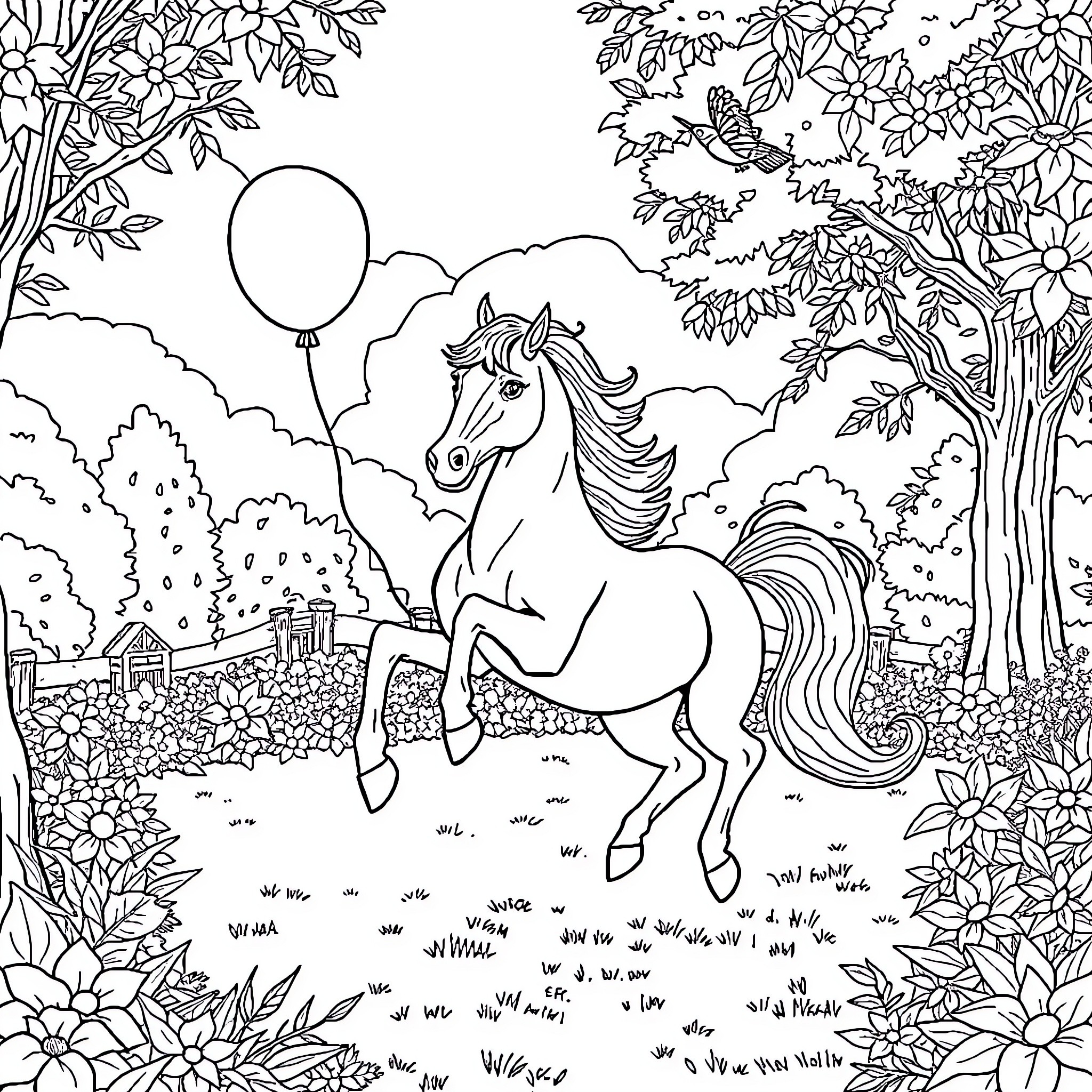 Horse galloping through enchanting garden Coloring Page (free black-and-white line drawing printable PDF for all, from beginners to advanced learners, including children, teens, adults, and seniors)