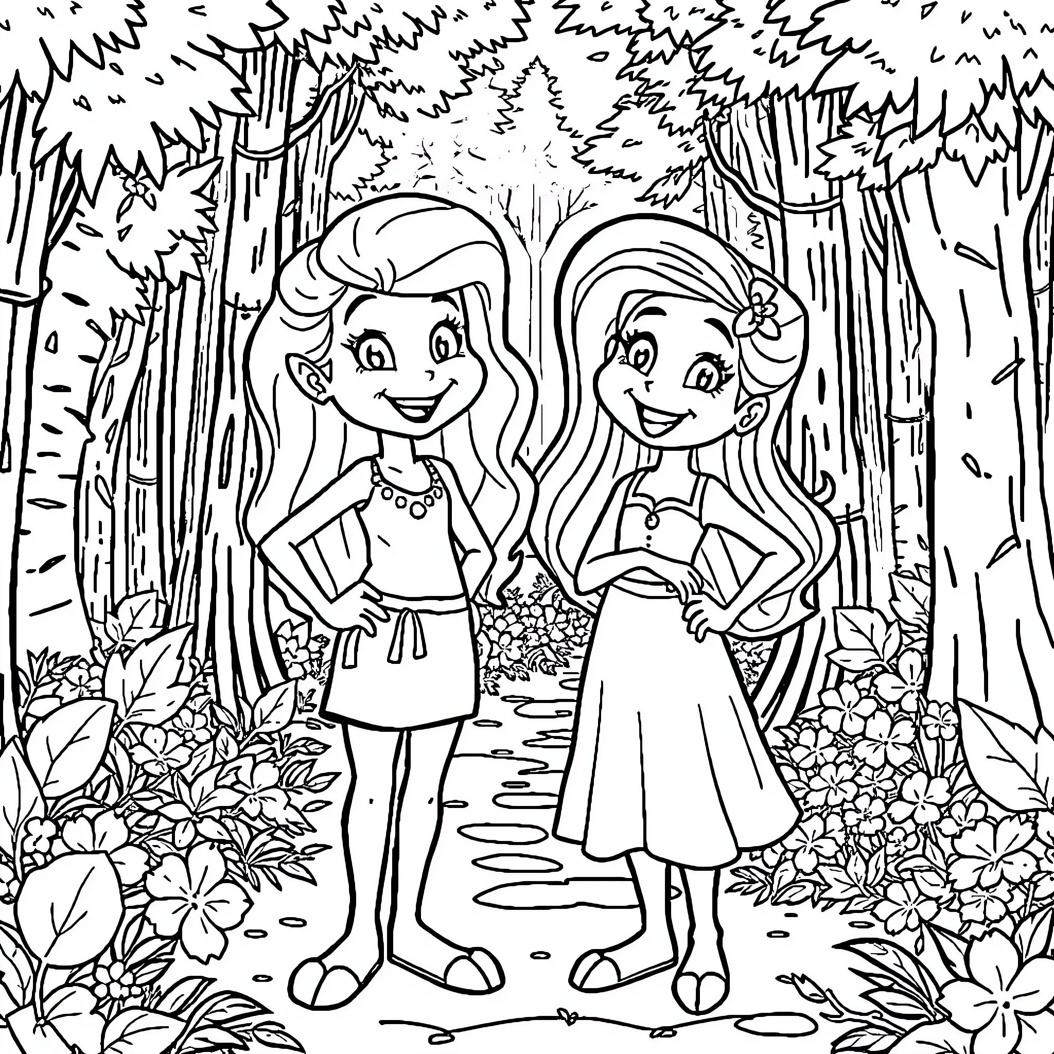 Rapunzel and her friend explore the enchanted forest Coloring Page (free black-and-white line drawing printable PDF for all, from beginners to advanced learners, including children, teens, adults, and seniors)