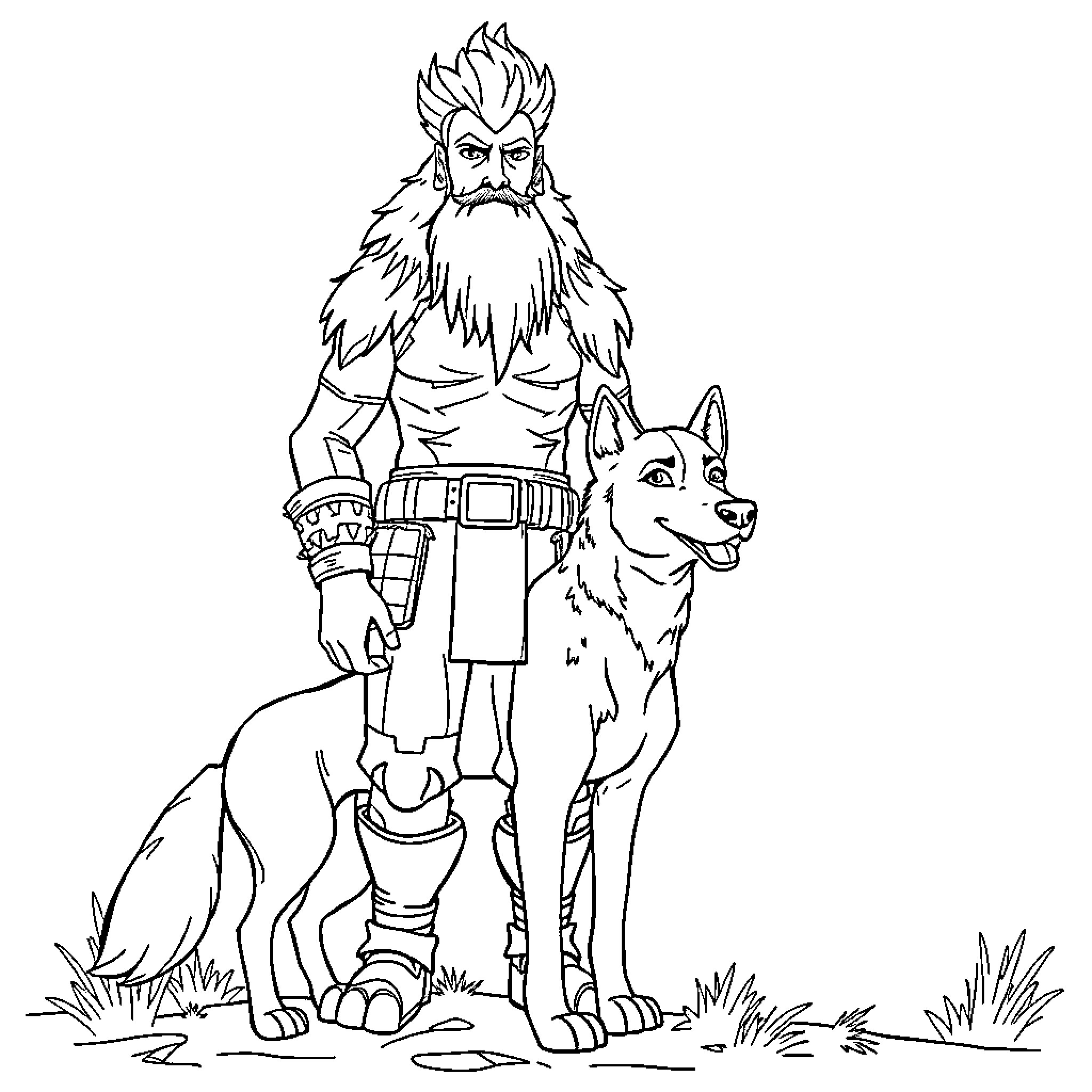 Goldorak stands with loyal companion in the wilderness Coloring Page (free black-and-white line drawing printable PDF for all, from beginners to advanced learners, including children, teens, adults, and seniors)