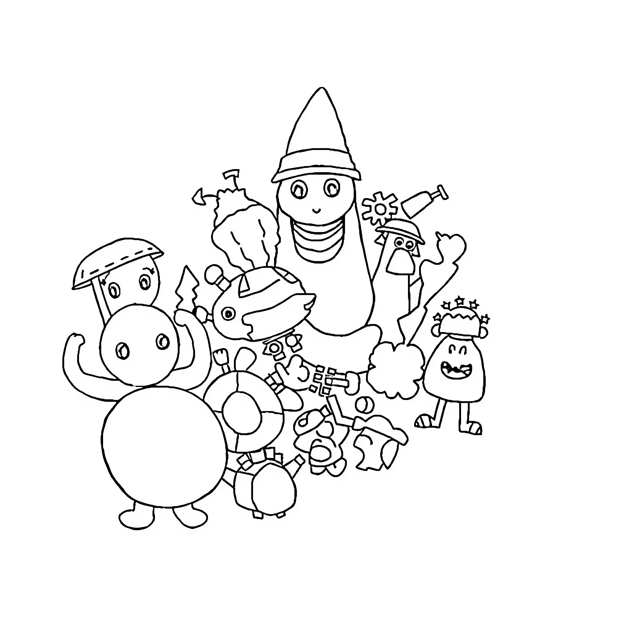 Drawing of Whimsical Cartoon Characters Interacting Coloring Page (free black-and-white line drawing printable PDF for all, from beginners to advanced learners, including children, teens, adults, and seniors)