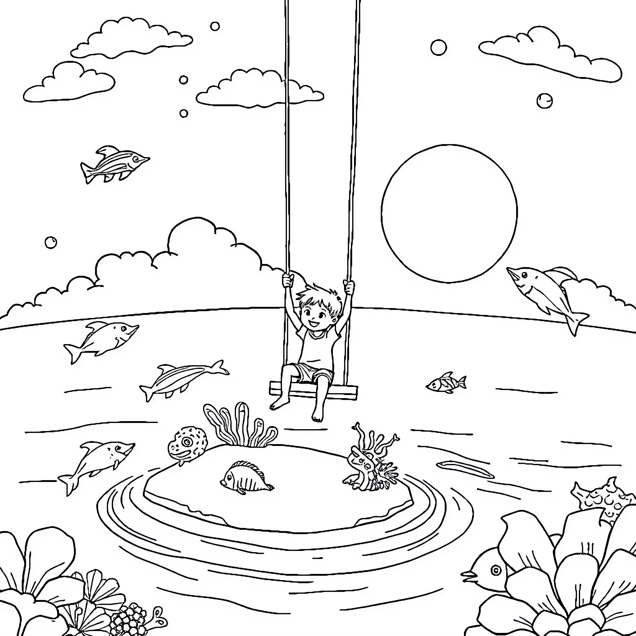 Boy enjoying a swing by the pond Coloring Page (free black-and-white line drawing printable PDF for all, from beginners to advanced learners, including children, teens, adults, and seniors)