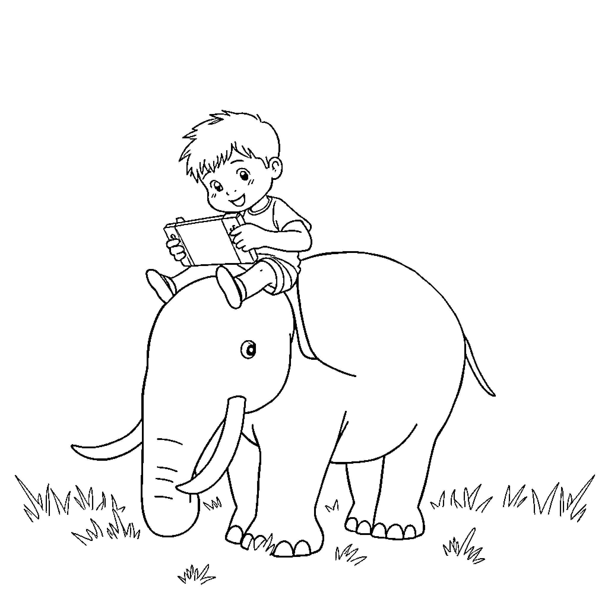 Boy riding a playful elephant Coloring Page (free black-and-white line drawing printable PDF for all, from beginners to advanced learners, including children, teens, adults, and seniors)