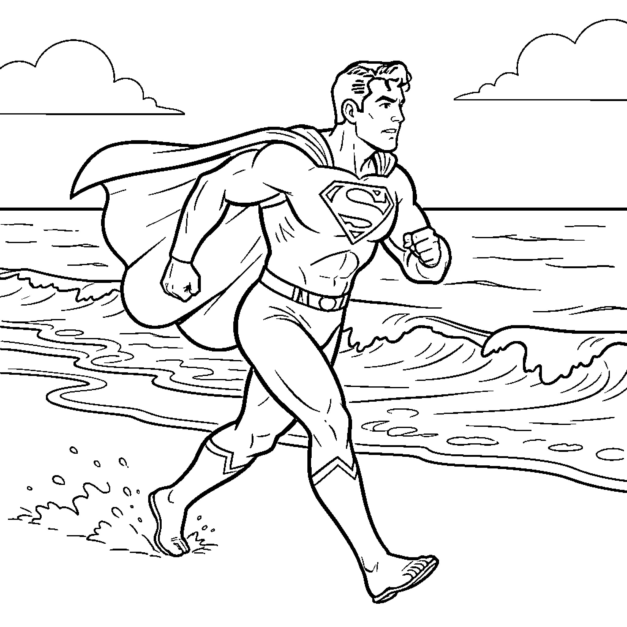 Superman running heroically along the beach waves Coloring Page (free black-and-white line drawing printable PDF for all, from beginners to advanced learners, including children, teens, adults, and seniors)
