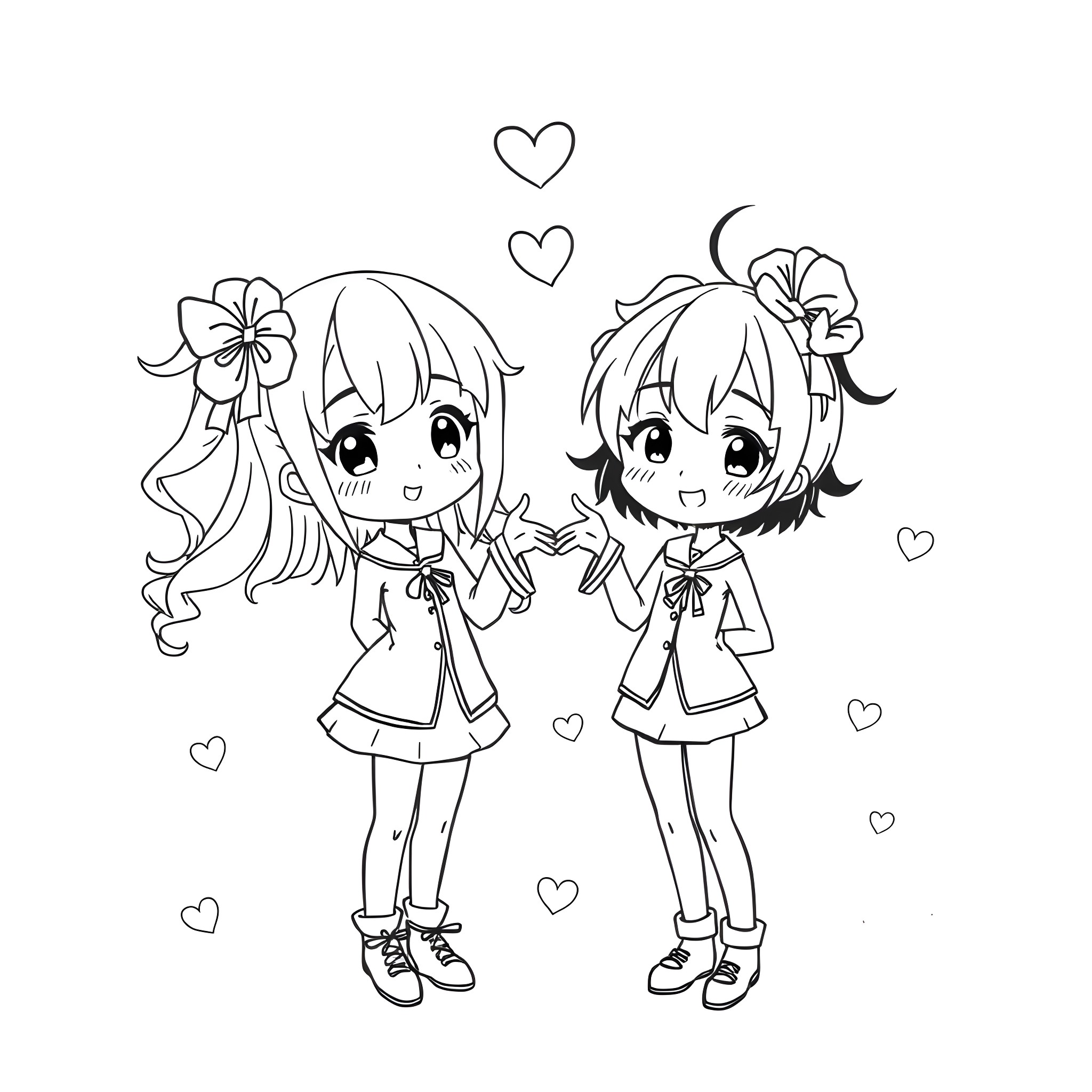 Anime Schoolgirls Expressing Joy and Friendship Coloring Page (free black-and-white line drawing printable PDF for all, from beginners to advanced learners, including children, teens, adults, and seniors)