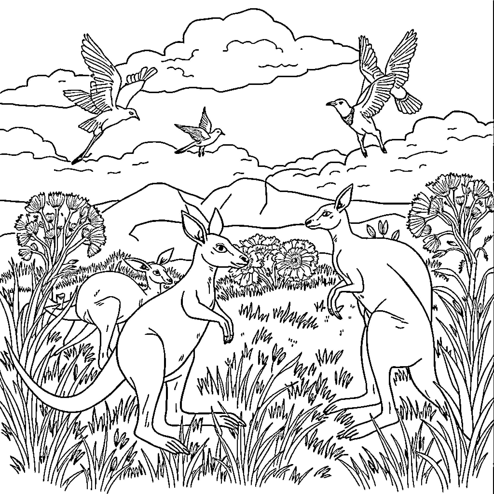 Animal scene with birds and deer in nature Coloring Page (free black-and-white line drawing printable PDF for all, from beginners to advanced learners, including children, teens, adults, and seniors)