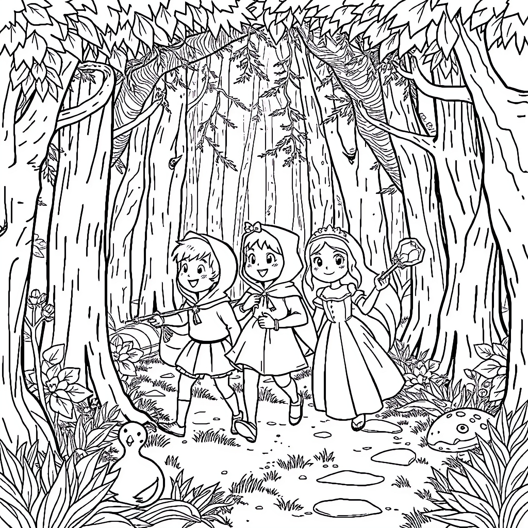 Princess Adventures in the Enchanted Forest Coloring Page (free black-and-white line drawing printable PDF for all, from beginners to advanced learners, including children, teens, adults, and seniors)