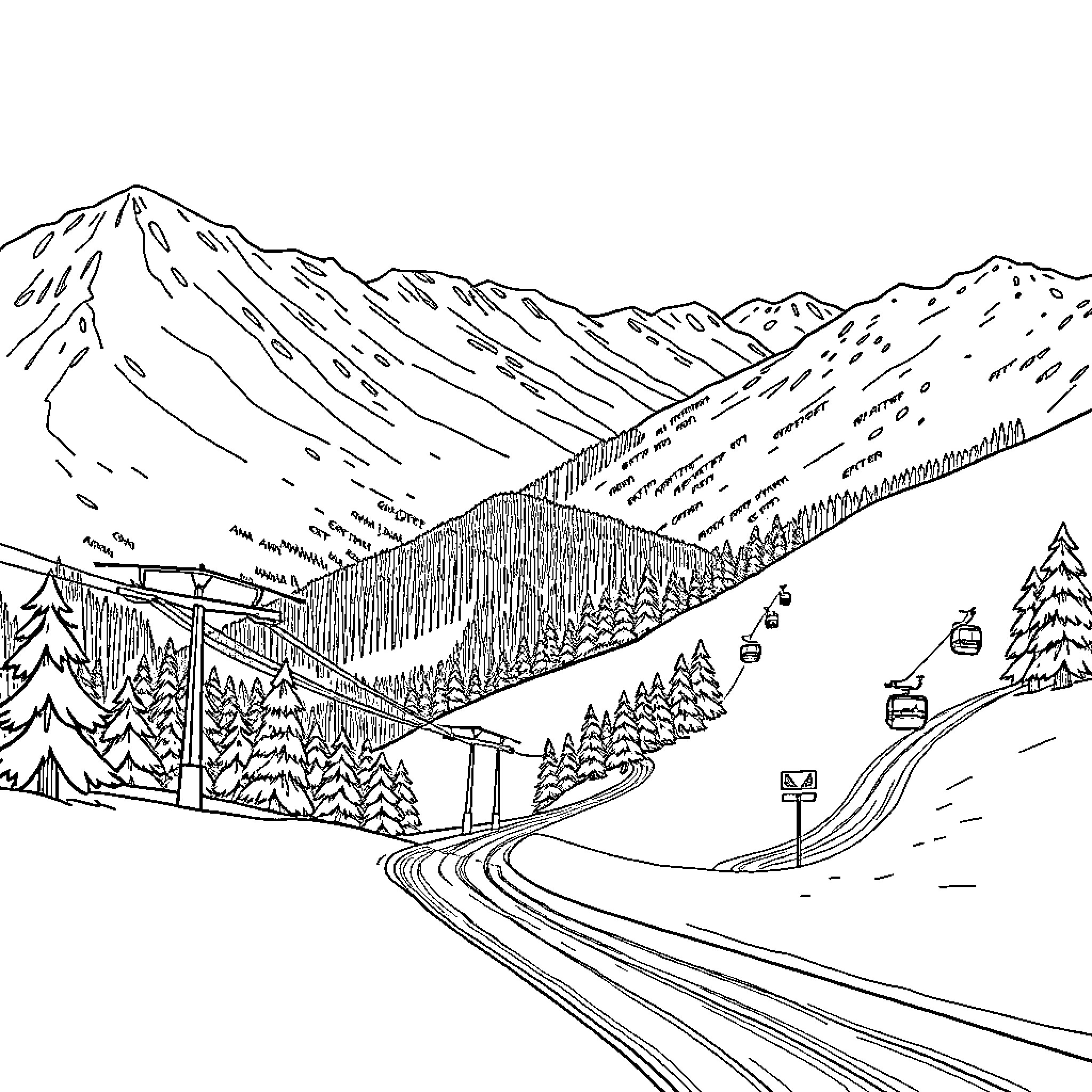 Labubu's Snowy Mountain Adventure Coloring Page (free black-and-white line drawing printable PDF for all, from beginners to advanced learners, including children, teens, adults, and seniors)
