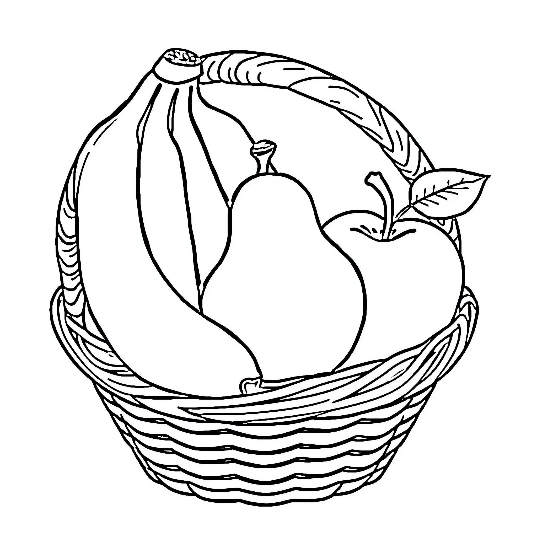 Fruit Basket with Harvest Bounty Coloring Page (free black-and-white line drawing printable PDF for all, from beginners to advanced learners, including children, teens, adults, and seniors)
