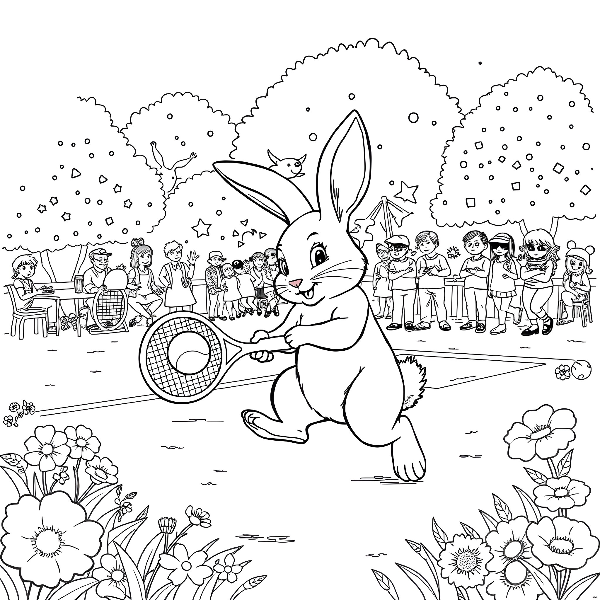 Bunny playing tennis with children in the park Coloring Page (free black-and-white line drawing printable PDF for all, from beginners to advanced learners, including children, teens, adults, and seniors)