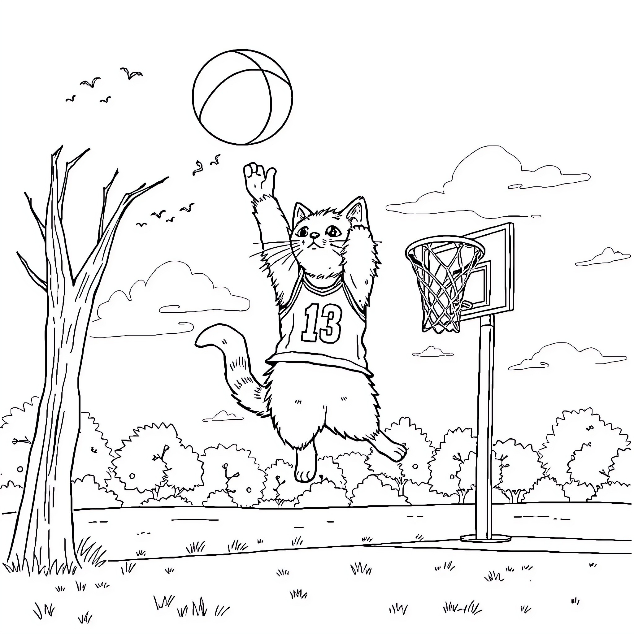Cat playing basketball in the park Coloring Page (free black-and-white line drawing printable PDF for all, from beginners to advanced learners, including children, teens, adults, and seniors)