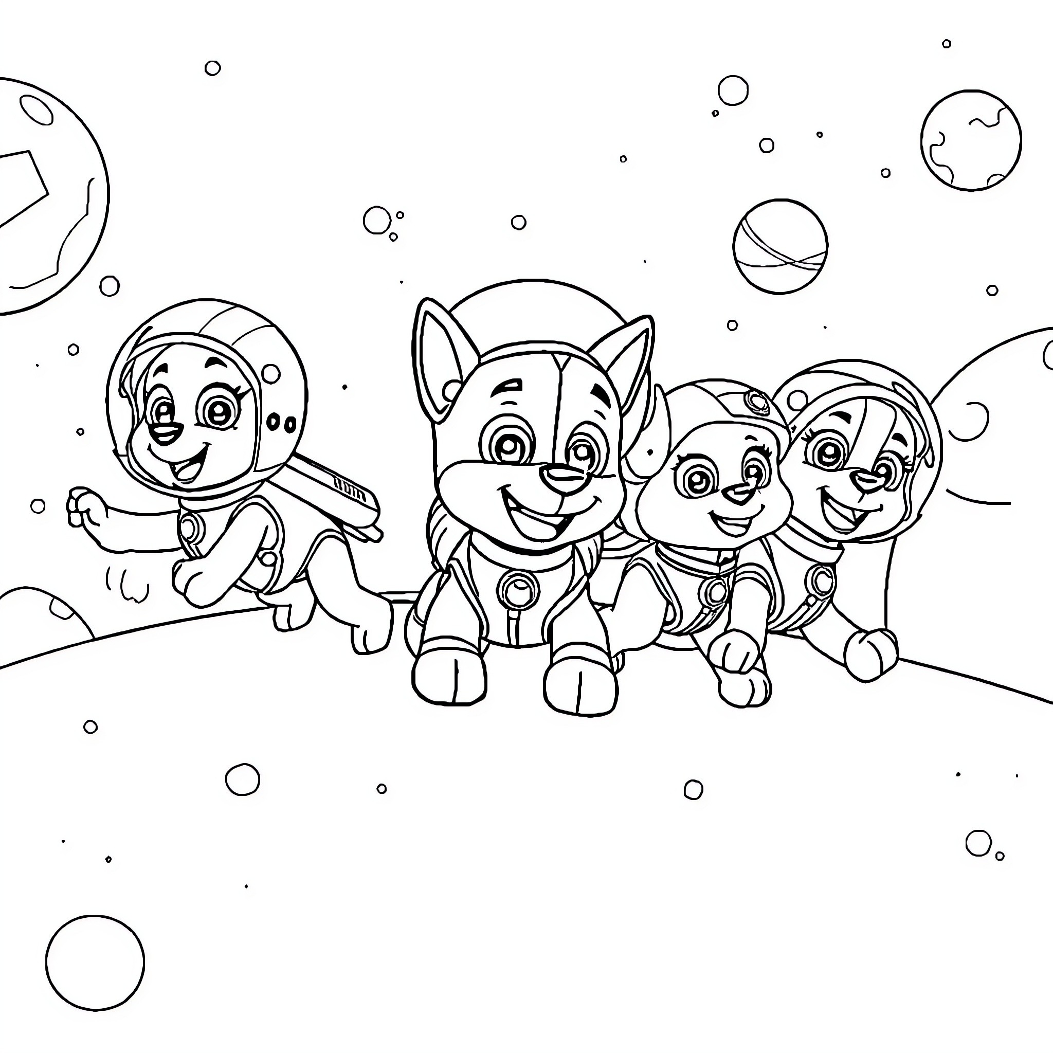 Paw Patrol characters on an adventure Coloring Page (free black-and-white line drawing printable PDF for all, from beginners to advanced learners, including children, teens, adults, and seniors)
