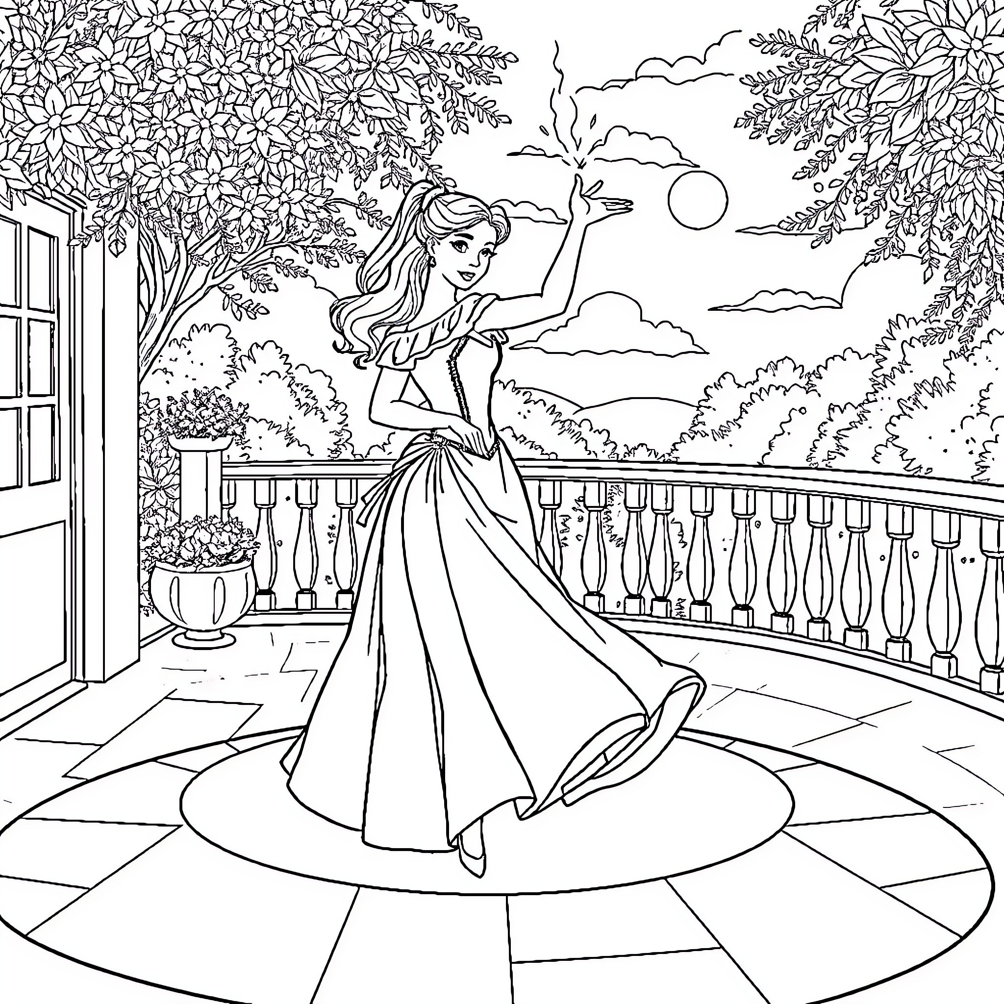 Princess in a Magical Garden Coloring Page (free black-and-white line drawing printable PDF for all, from beginners to advanced learners, including children, teens, adults, and seniors)