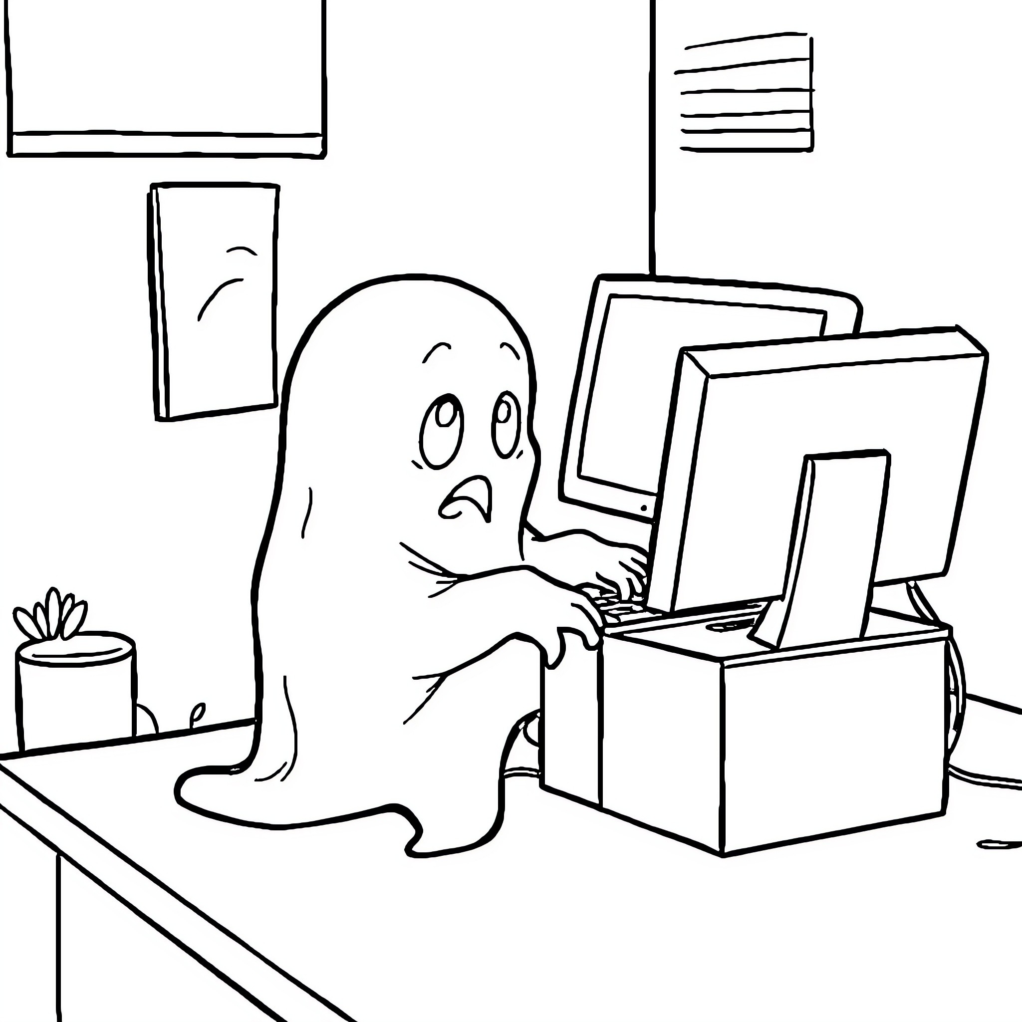 Ghost working diligently on a computer Coloring Page (free black-and-white line drawing printable PDF for all, from beginners to advanced learners, including children, teens, adults, and seniors)