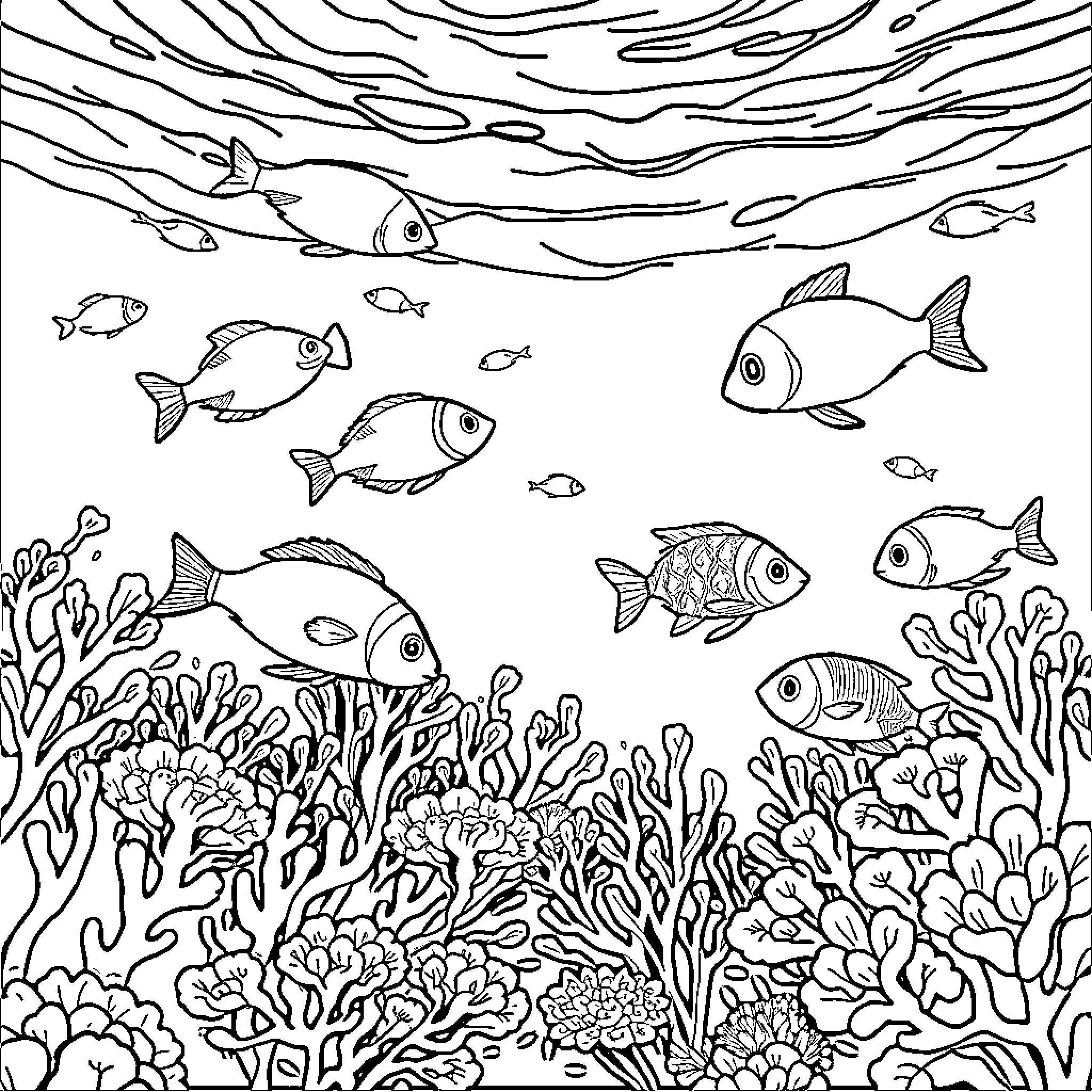 Fish swimming in a colorful underwater scene Coloring Page (free black-and-white line drawing printable PDF for all, from beginners to advanced learners, including children, teens, adults, and seniors)