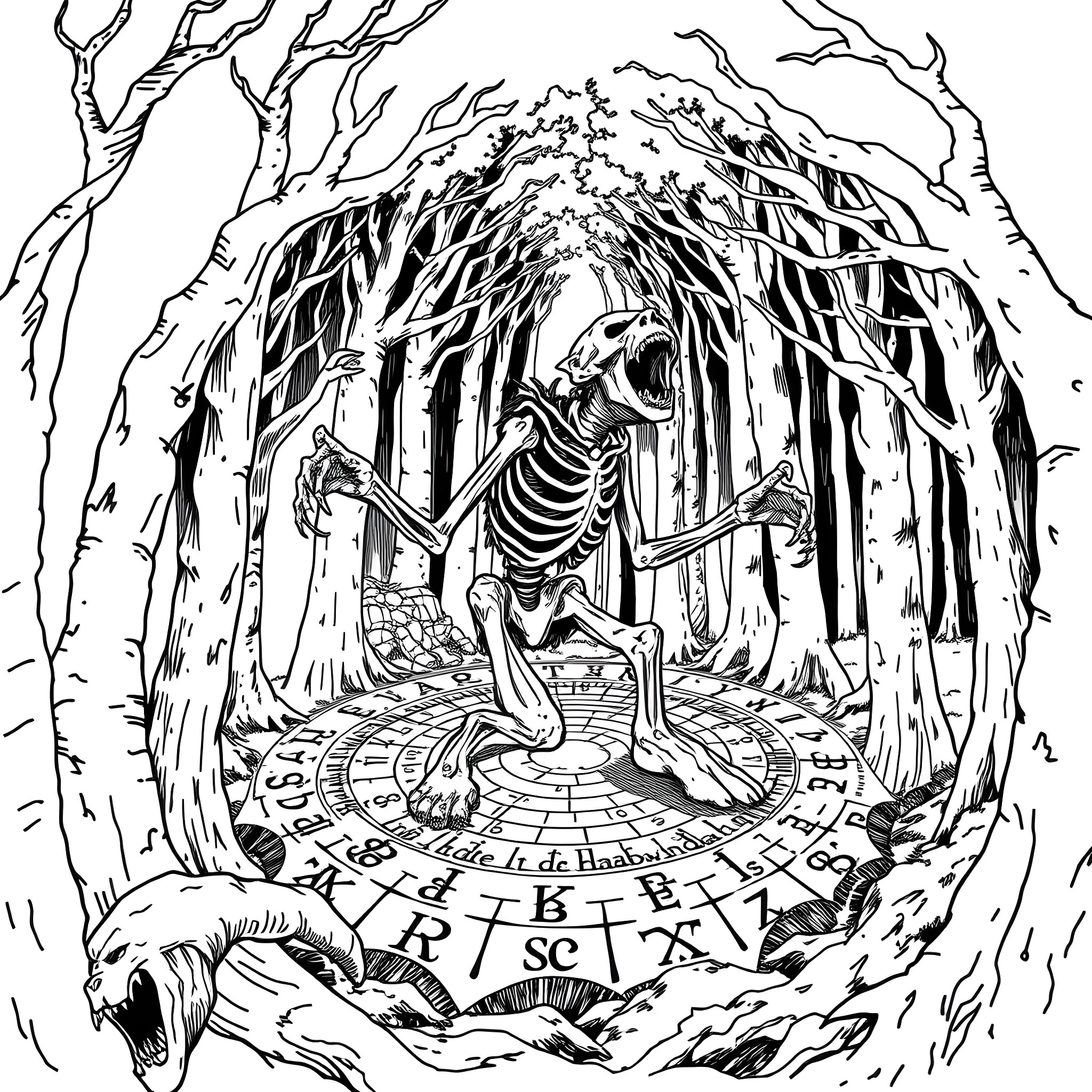 Wendigo stalking through the dark, twisted forest Coloring Page (free black-and-white line drawing printable PDF for all, from beginners to advanced learners, including children, teens, adults, and seniors)