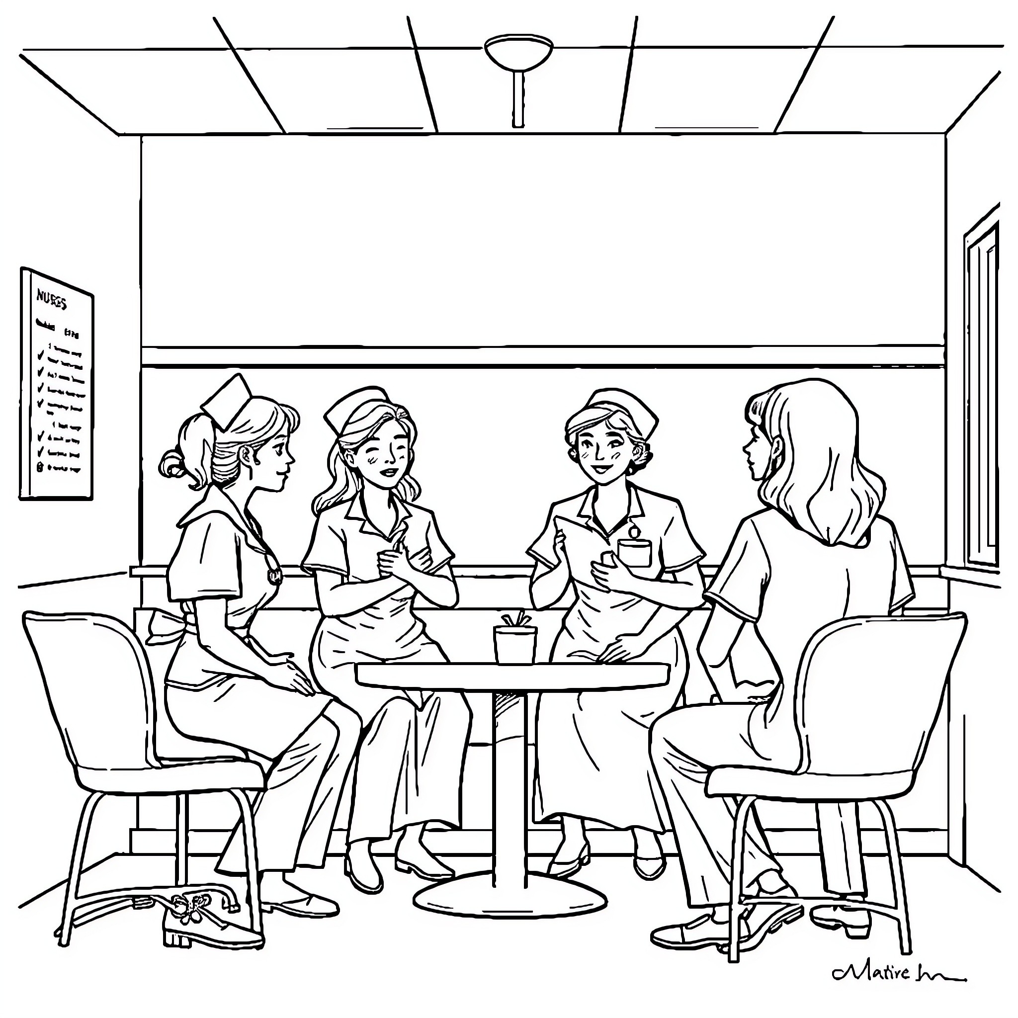 Nurse colleagues enjoying break together Coloring Page (free black-and-white line drawing printable PDF for all, from beginners to advanced learners, including children, teens, adults, and seniors)