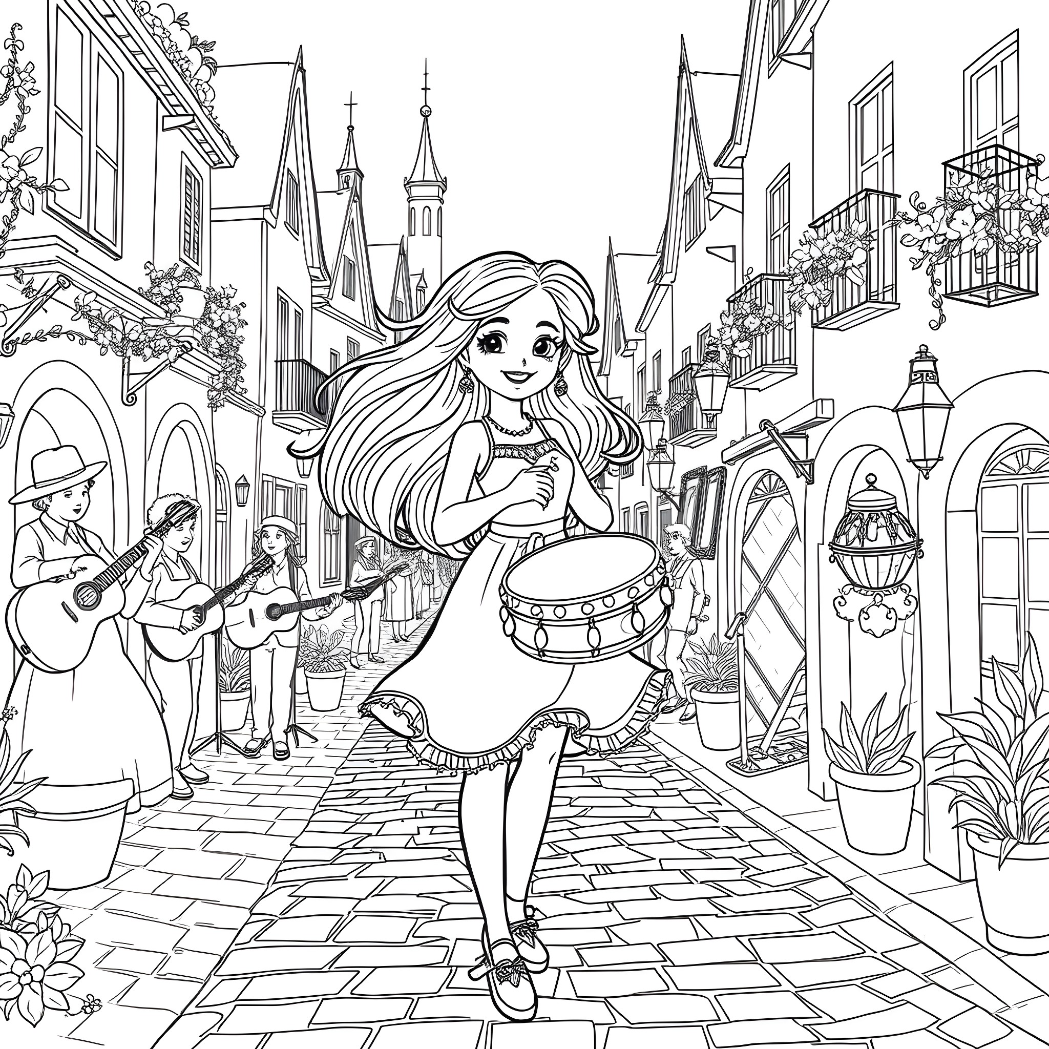 Esmeralda's Musical Journey through the Enchanting City Coloring Page (free black-and-white line drawing printable PDF for all, from beginners to advanced learners, including children, teens, adults, and seniors)