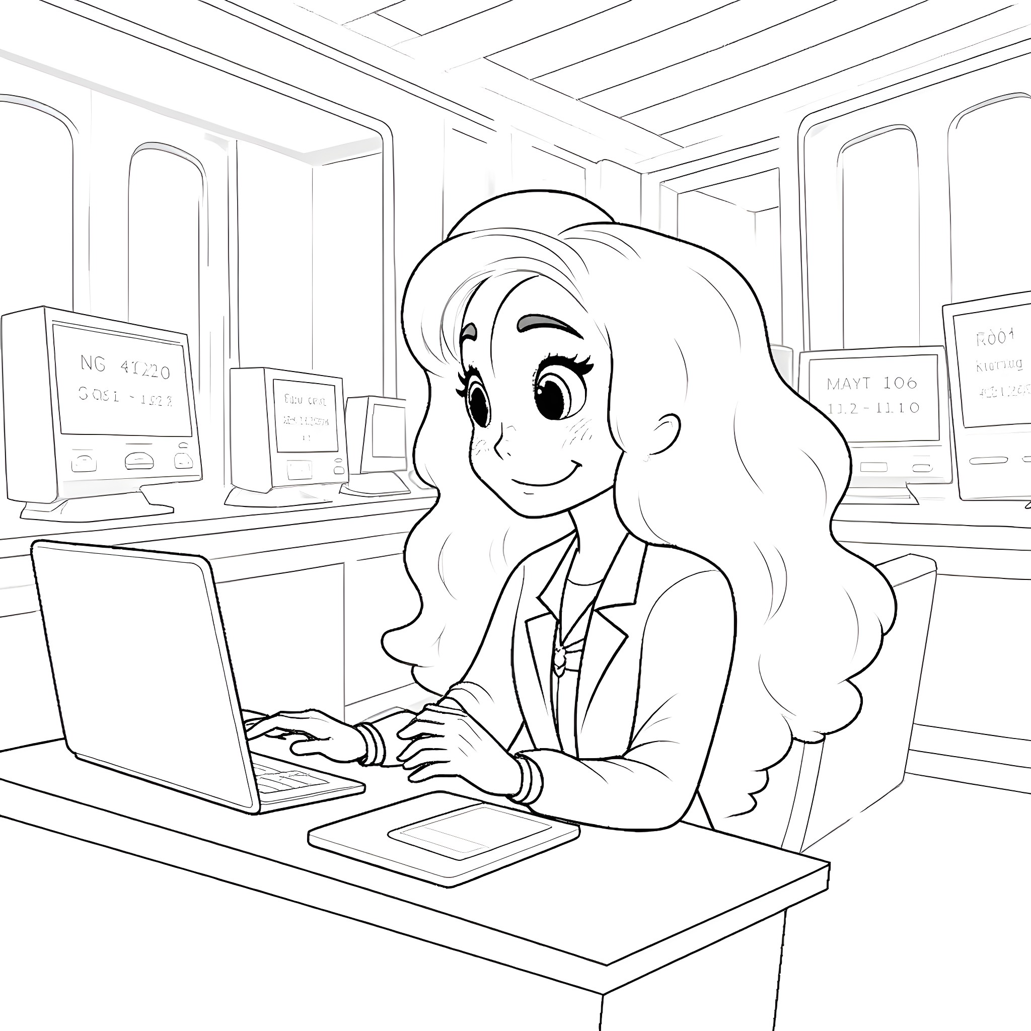Moana working diligently on a laptop in the office Coloring Page (free black-and-white line drawing printable PDF for all, from beginners to advanced learners, including children, teens, adults, and seniors)