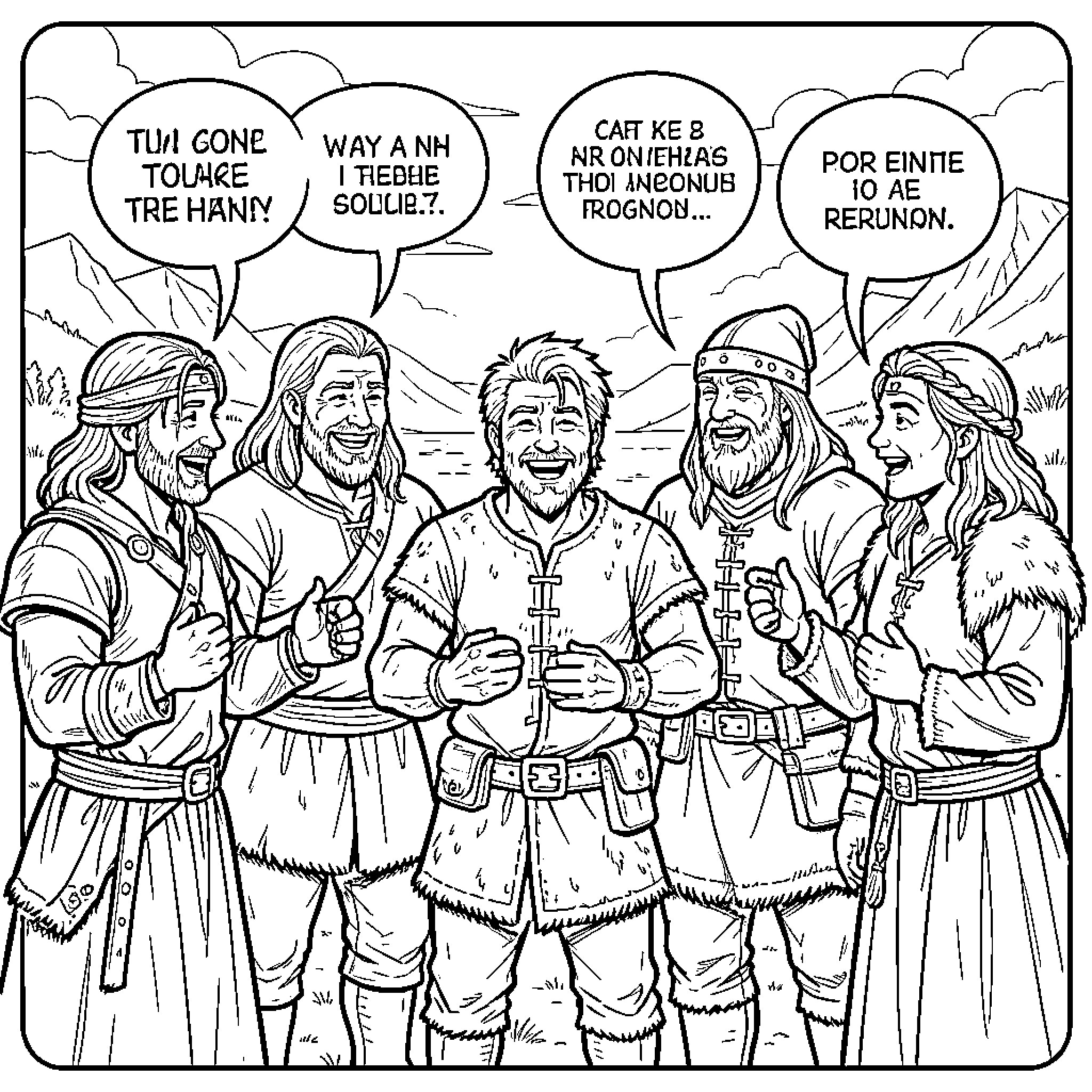 Vinland Saga characters laughing and talking together Coloring Page (free black-and-white line drawing printable PDF for all, from beginners to advanced learners, including children, teens, adults, and seniors)