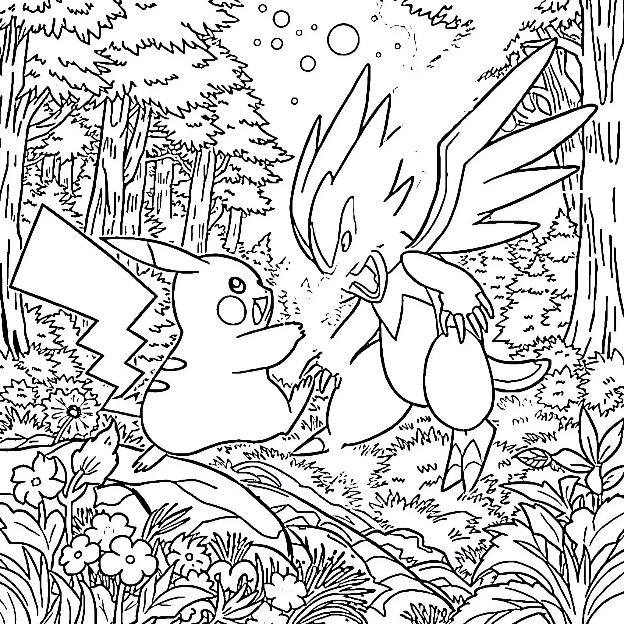 Pikachu in the Enchanted Forest Coloring Page (free black-and-white line drawing printable PDF for all, from beginners to advanced learners, including children, teens, adults, and seniors)