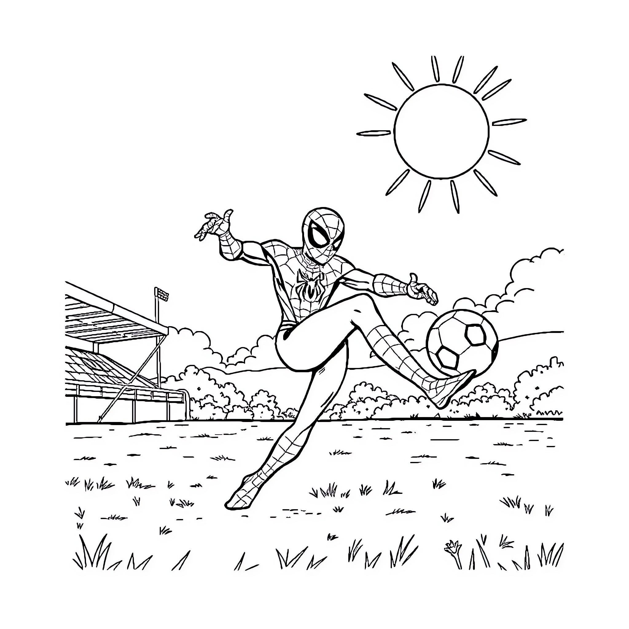 Spiderman Kicking Soccer Ball on Sunny Field Coloring Page (free black-and-white line drawing printable PDF for all, from beginners to advanced learners, including children, teens, adults, and seniors)