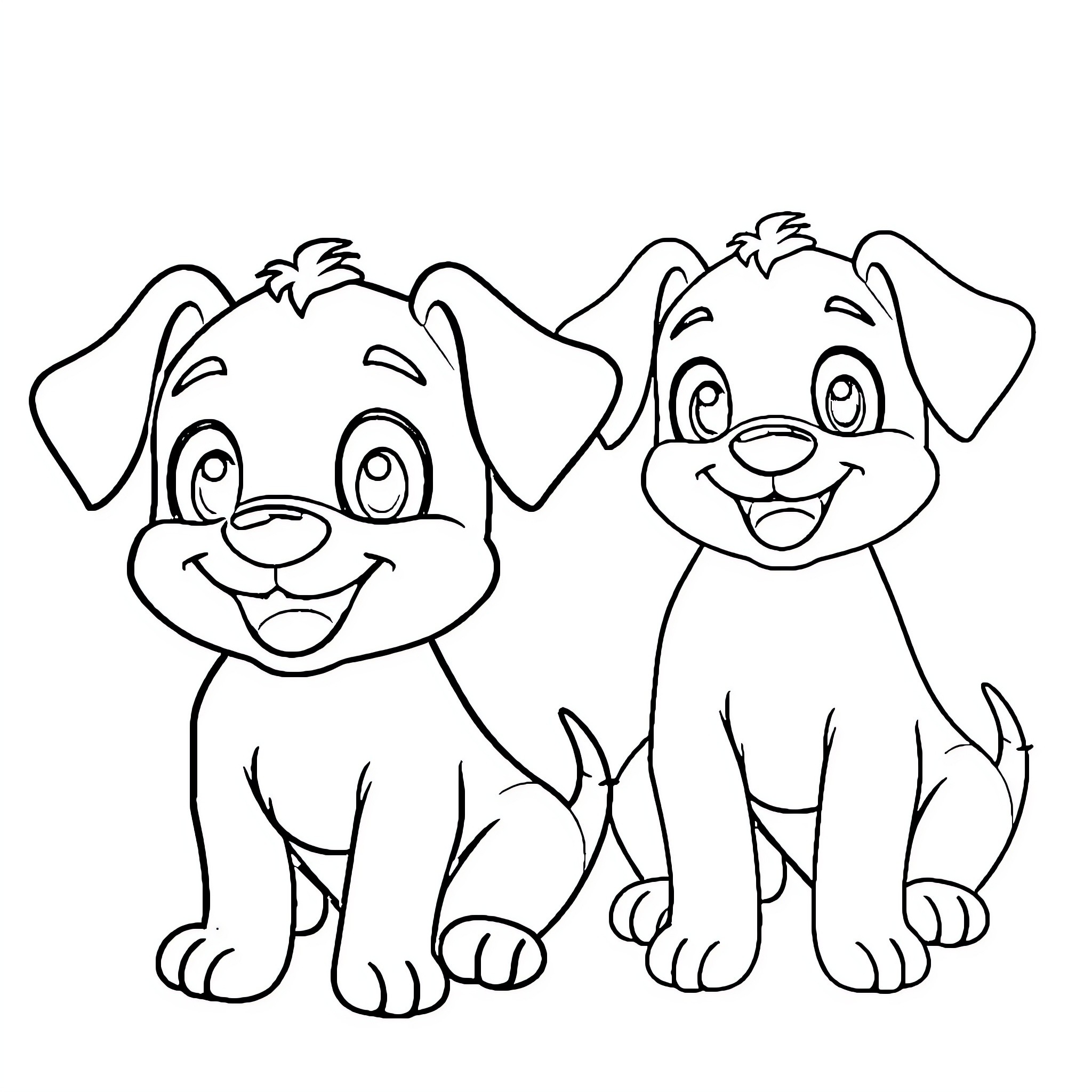Puppy friends playing together happily Coloring Page (free black-and-white line drawing printable PDF for all, from beginners to advanced learners, including children, teens, adults, and seniors)