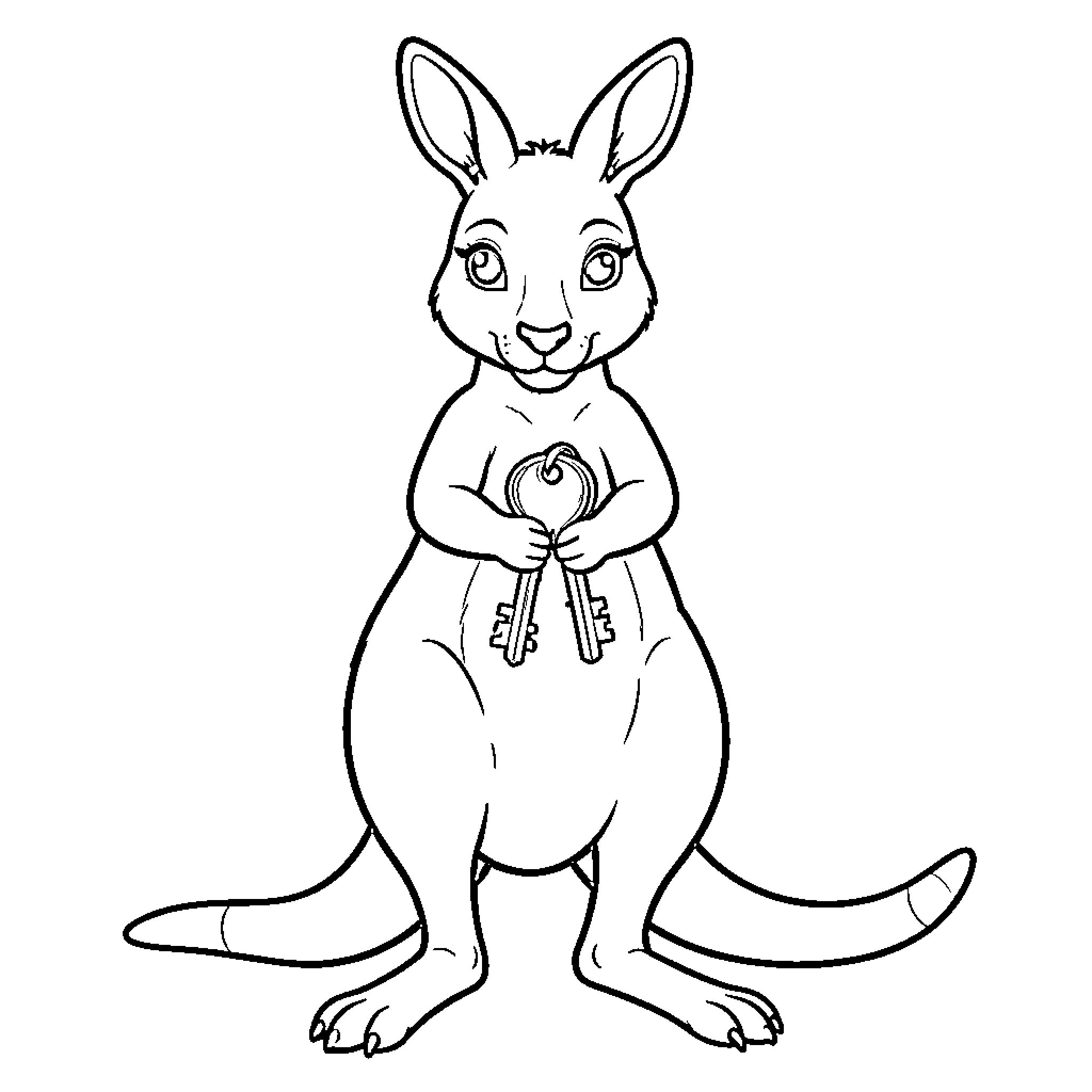 Kangaroo holding a set of keys Coloring Page (free black-and-white line drawing printable PDF for all, from beginners to advanced learners, including children, teens, adults, and seniors)