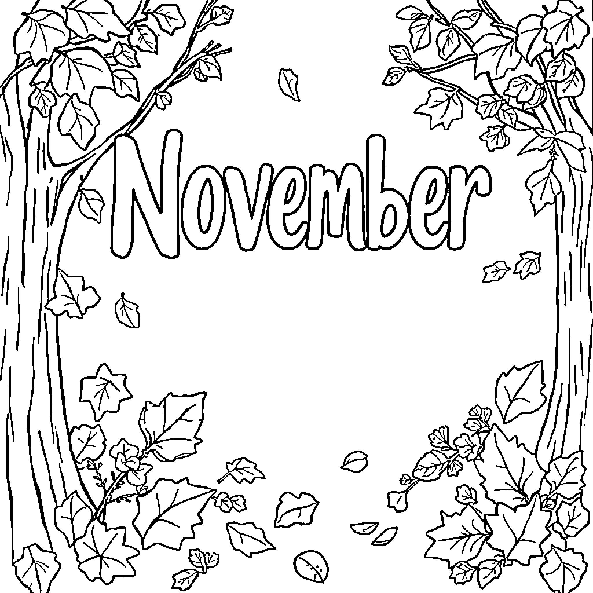 November leaves swirling in the breeze Coloring Page (free black-and-white line drawing printable PDF for all, from beginners to advanced learners, including children, teens, adults, and seniors)