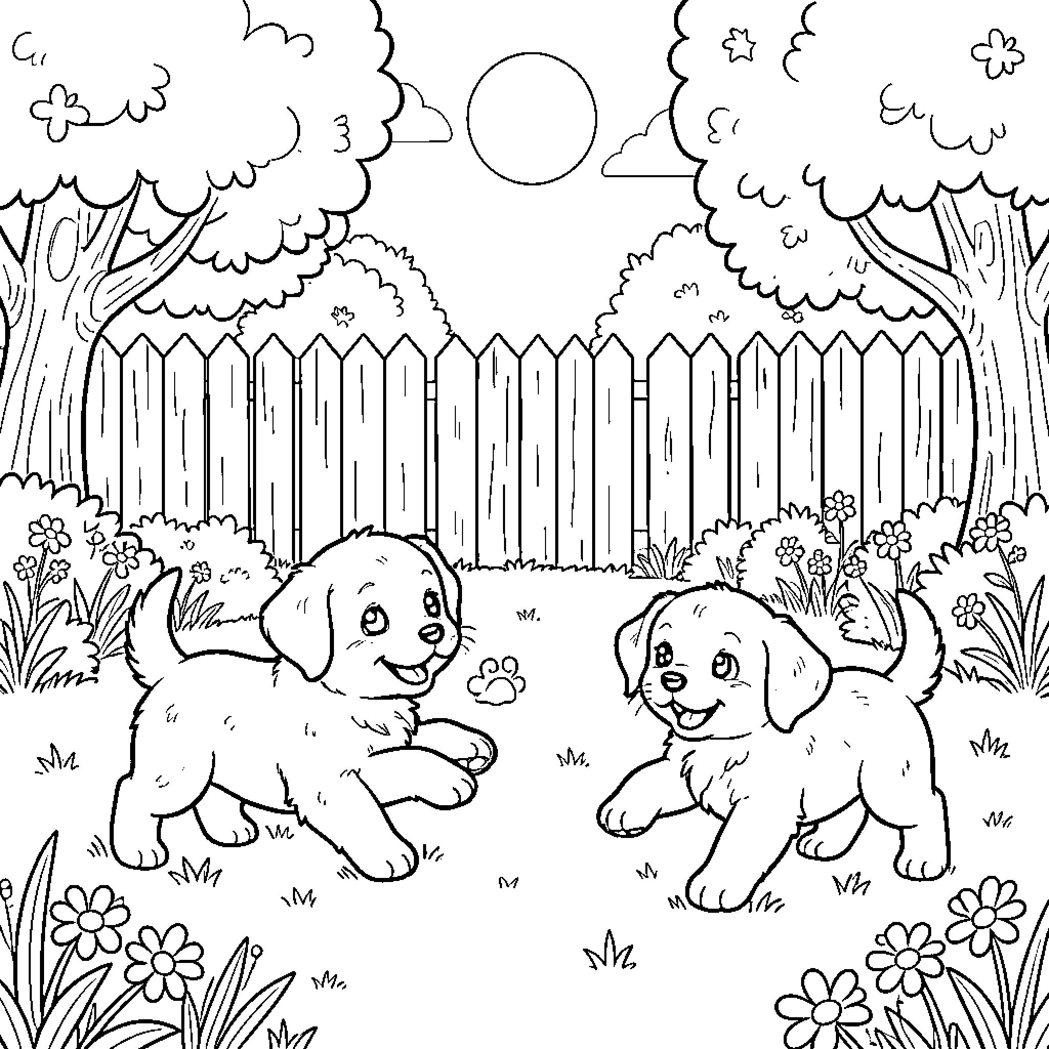 Puppies playing happily in the garden Coloring Page (free black-and-white line drawing printable PDF for all, from beginners to advanced learners, including children, teens, adults, and seniors)